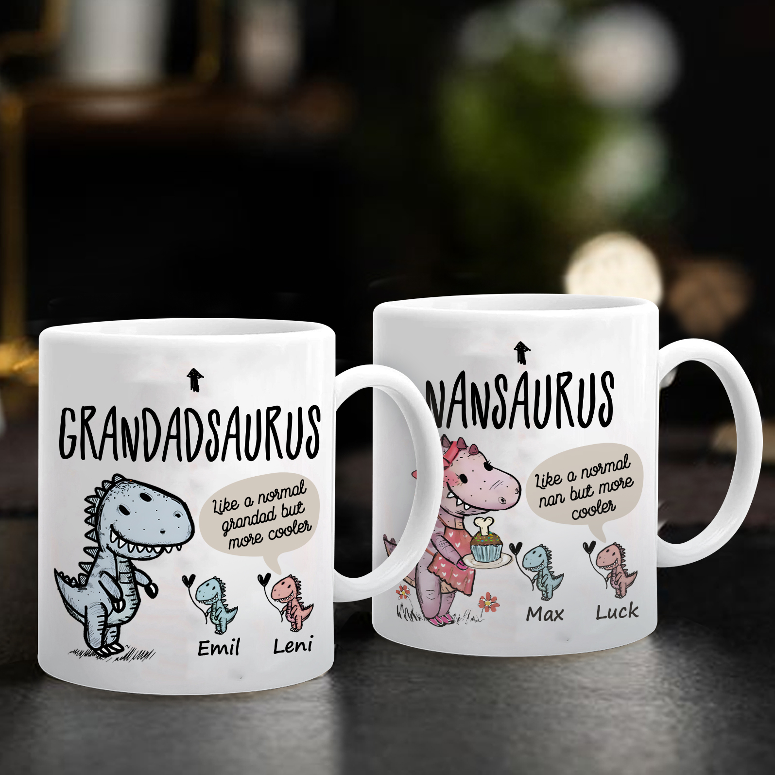 Personalised "Grandadsaurus" and "Nansaurus" Custom 2 Names Mug Set - Gift for Grandparents | Jessmade