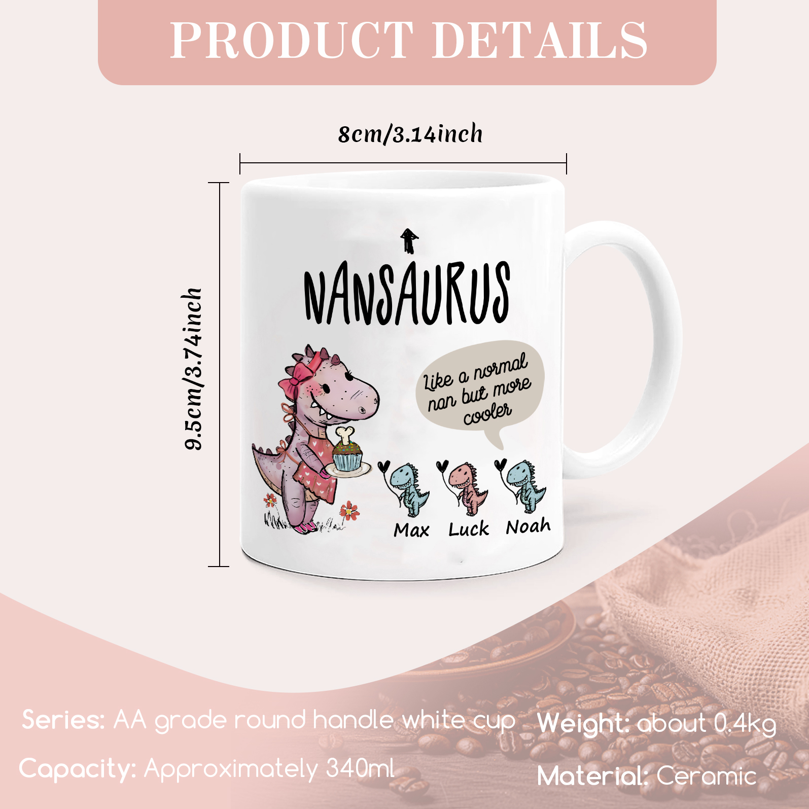 Personalised "Grandadsaurus" and "Nansaurus" Custom 3 Names Mug Set - Gift for Grandparents | Jessmade