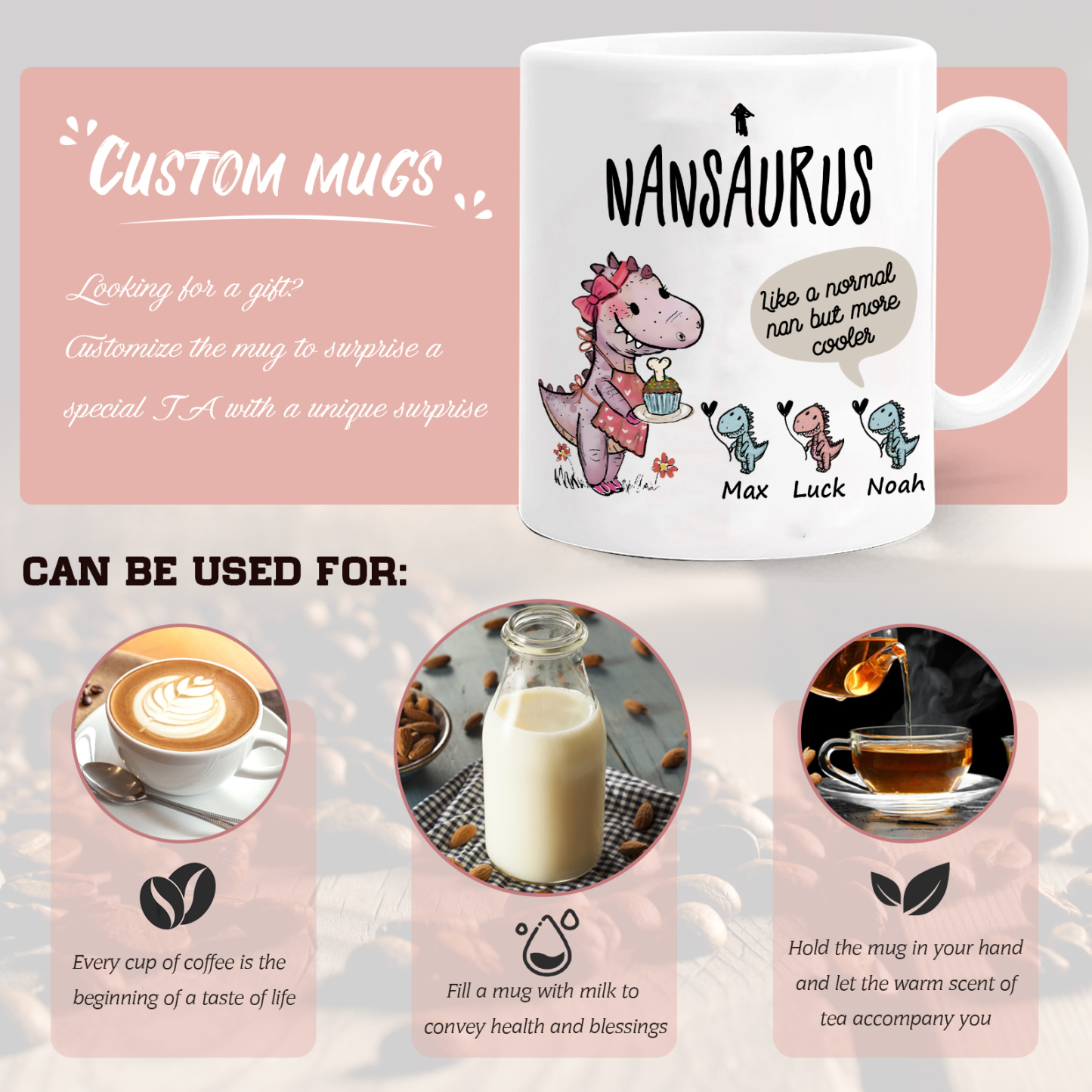 Personalised "Grandadsaurus" and "Nansaurus" Custom 3 Names Mug Set - Gift for Grandparents | Jessmade