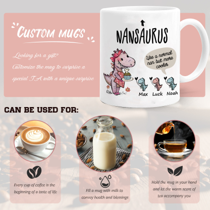 Personalised "Grandadsaurus" and "Nansaurus" Custom 3 Names Mug Set - Gift for Grandparents | Jessmade