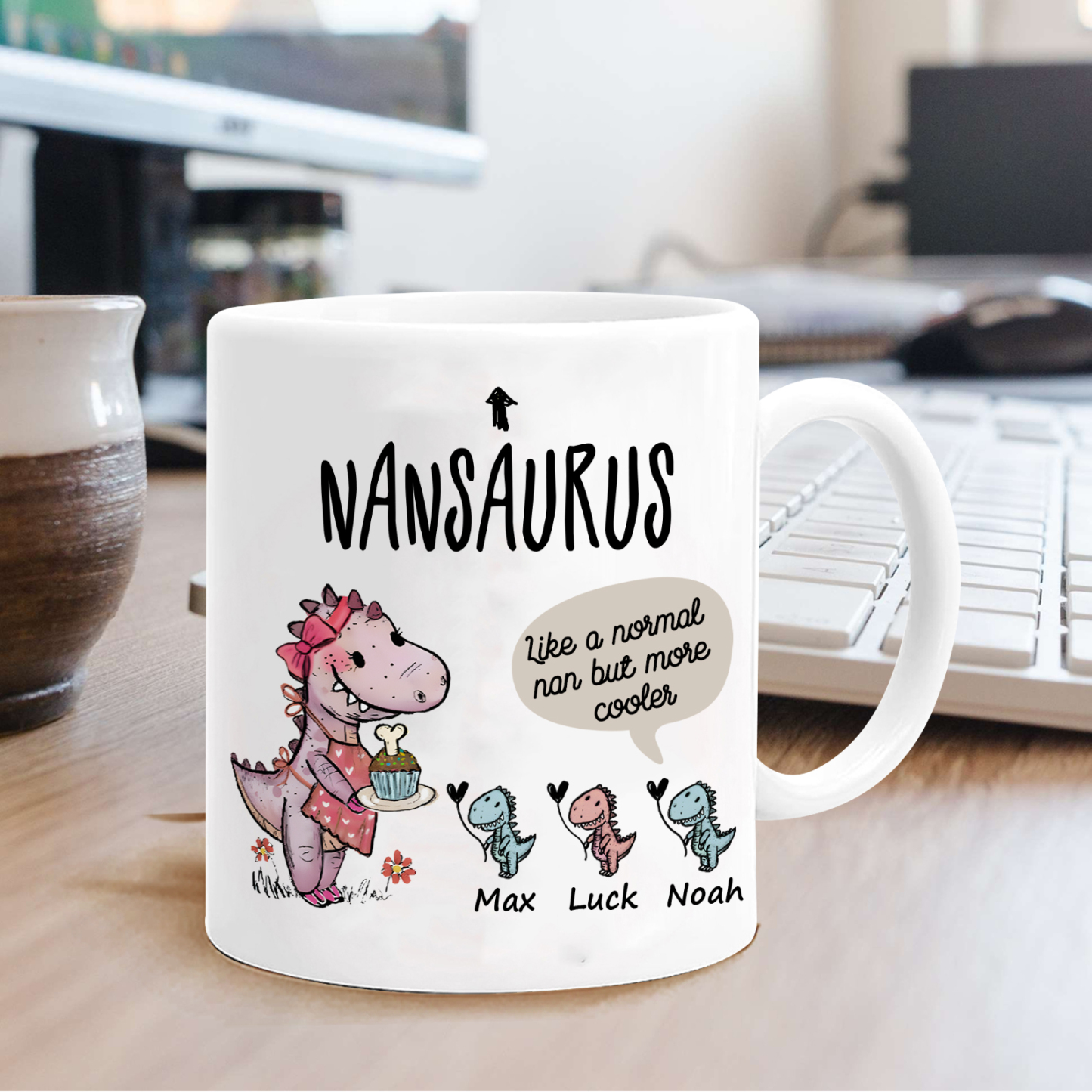 Personalised "Grandadsaurus" and "Nansaurus" Custom 3 Names Mug Set - Gift for Grandparents | Jessmade