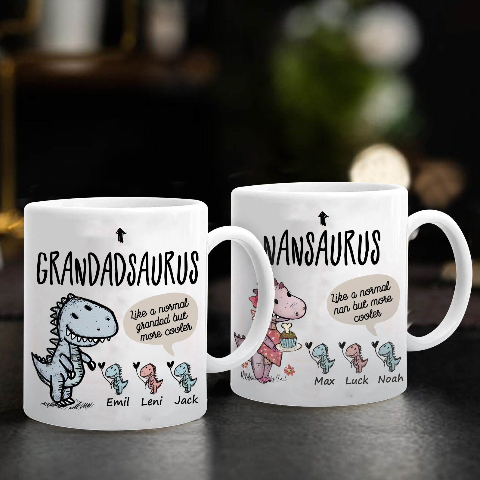 Personalised "Grandadsaurus" and "Nansaurus" Custom 3 Names Mug Set - Gift for Grandparents | Jessmade