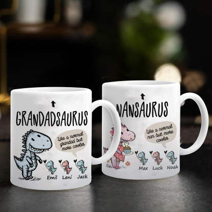 Personalised "Grandadsaurus" and "Nansaurus" Custom 3 Names Mug Set - Gift for Grandparents | Jessmade