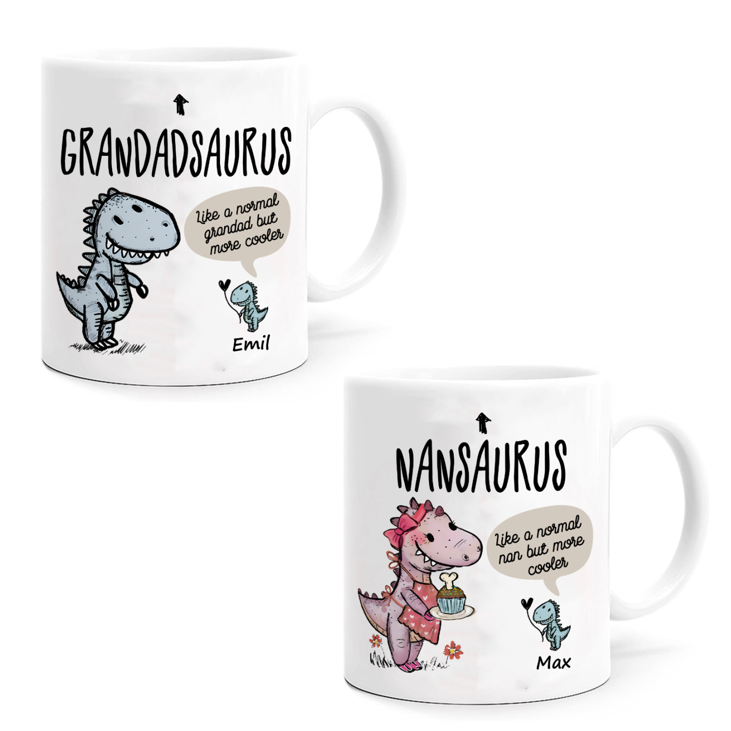 Personalised "Grandadsaurus" and "Nansaurus" Custom 1 Name Mug Set - Gift for Grandparents | Jessmade