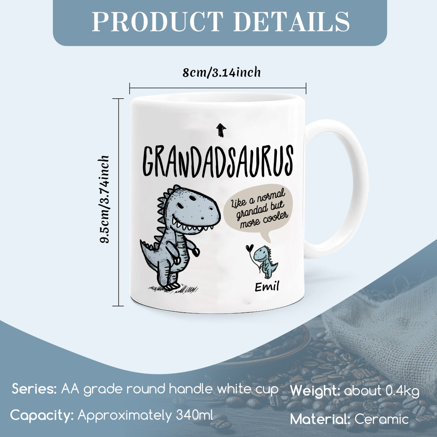 Personalised "Grandadsaurus" and "Nansaurus" Custom 1 Name Mug Set - Gift for Grandparents | Jessmade