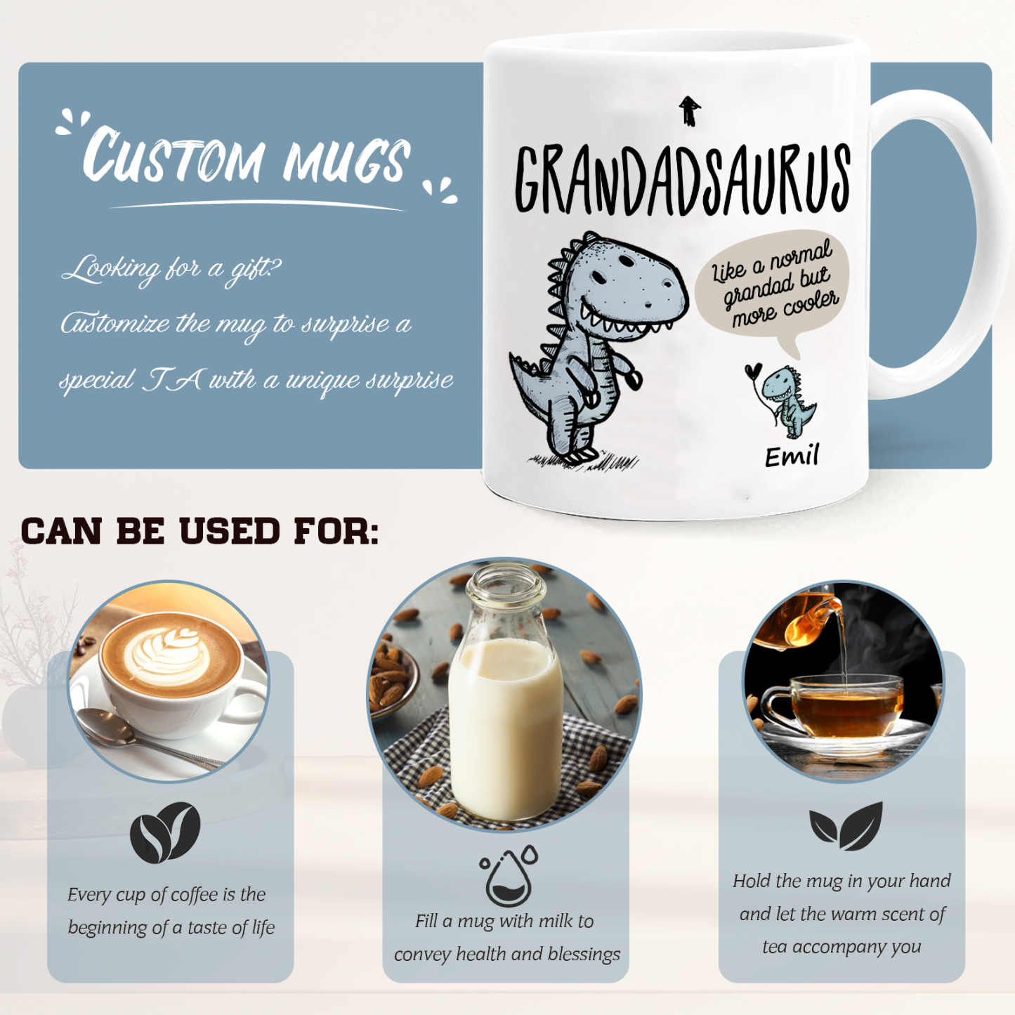 Personalised "Grandadsaurus" and "Nansaurus" Custom 1 Name Mug Set - Gift for Grandparents | Jessmade