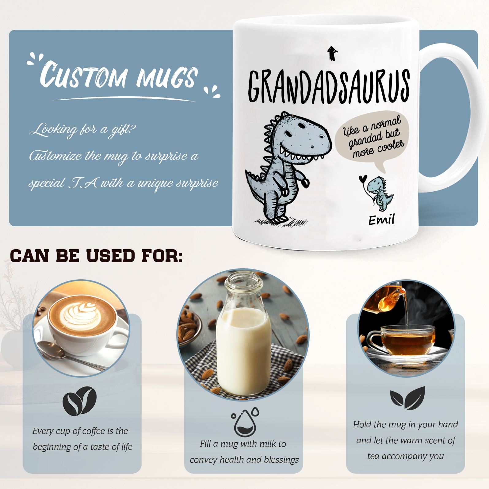 Personalised "Grandadsaurus" and "Nansaurus" Custom 1 Name Mug Set - Gift for Grandparents | Jessmade
