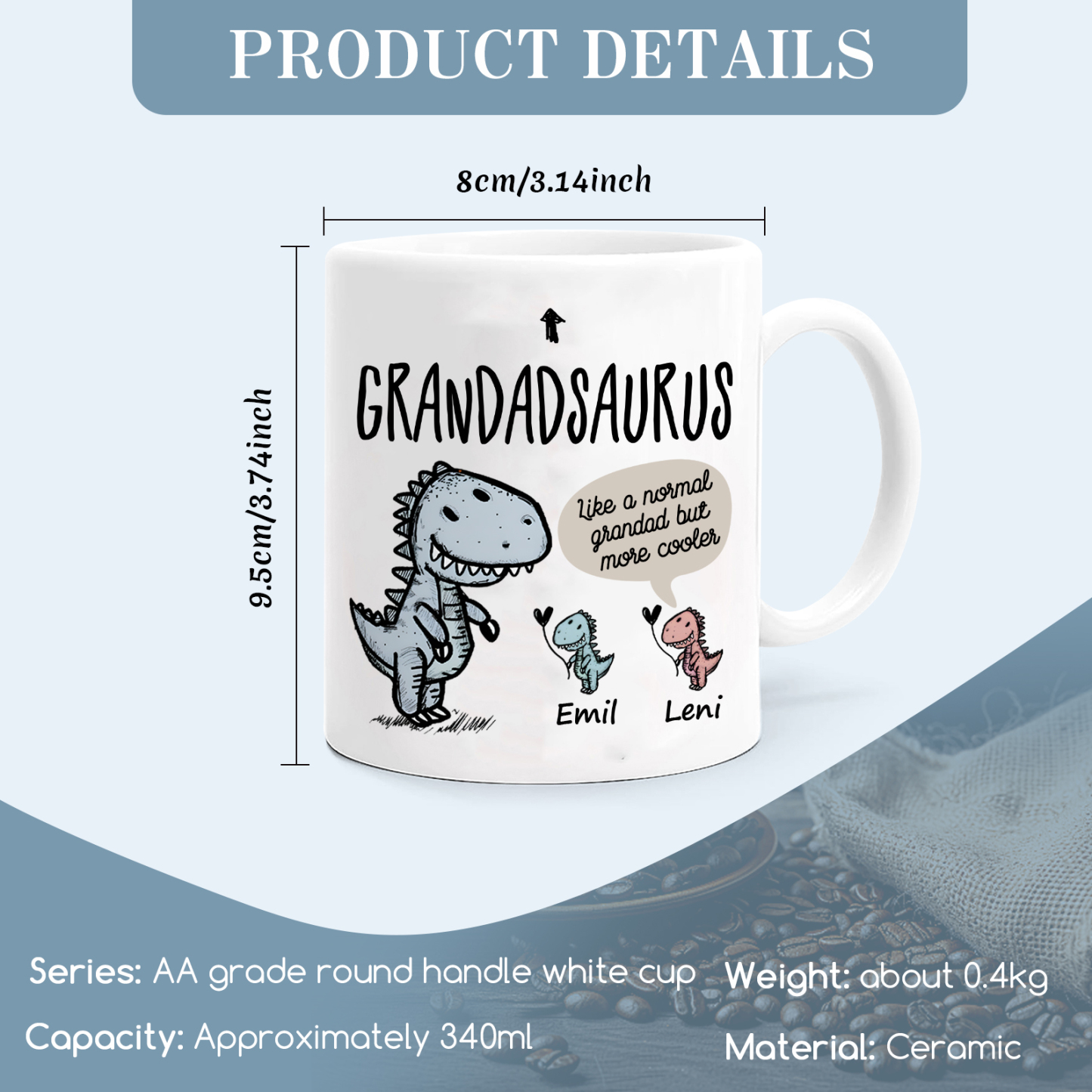 Personalised "Grandadsaurus" and "Nansaurus" Custom 2 Names Mug Set - Gift for Grandparents | Jessmade