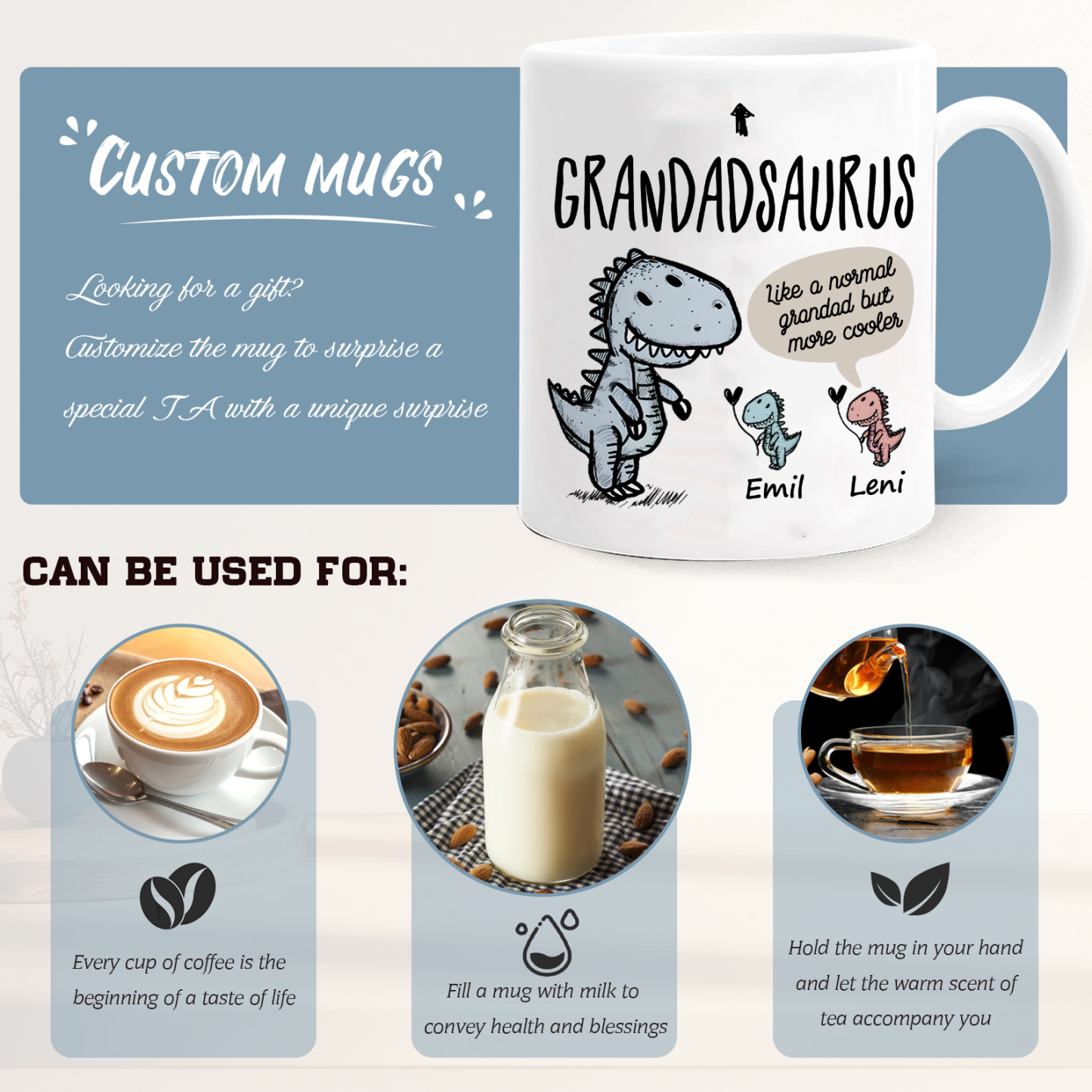 Personalised "Grandadsaurus" and "Nansaurus" Custom 2 Names Mug Set - Gift for Grandparents | Jessmade