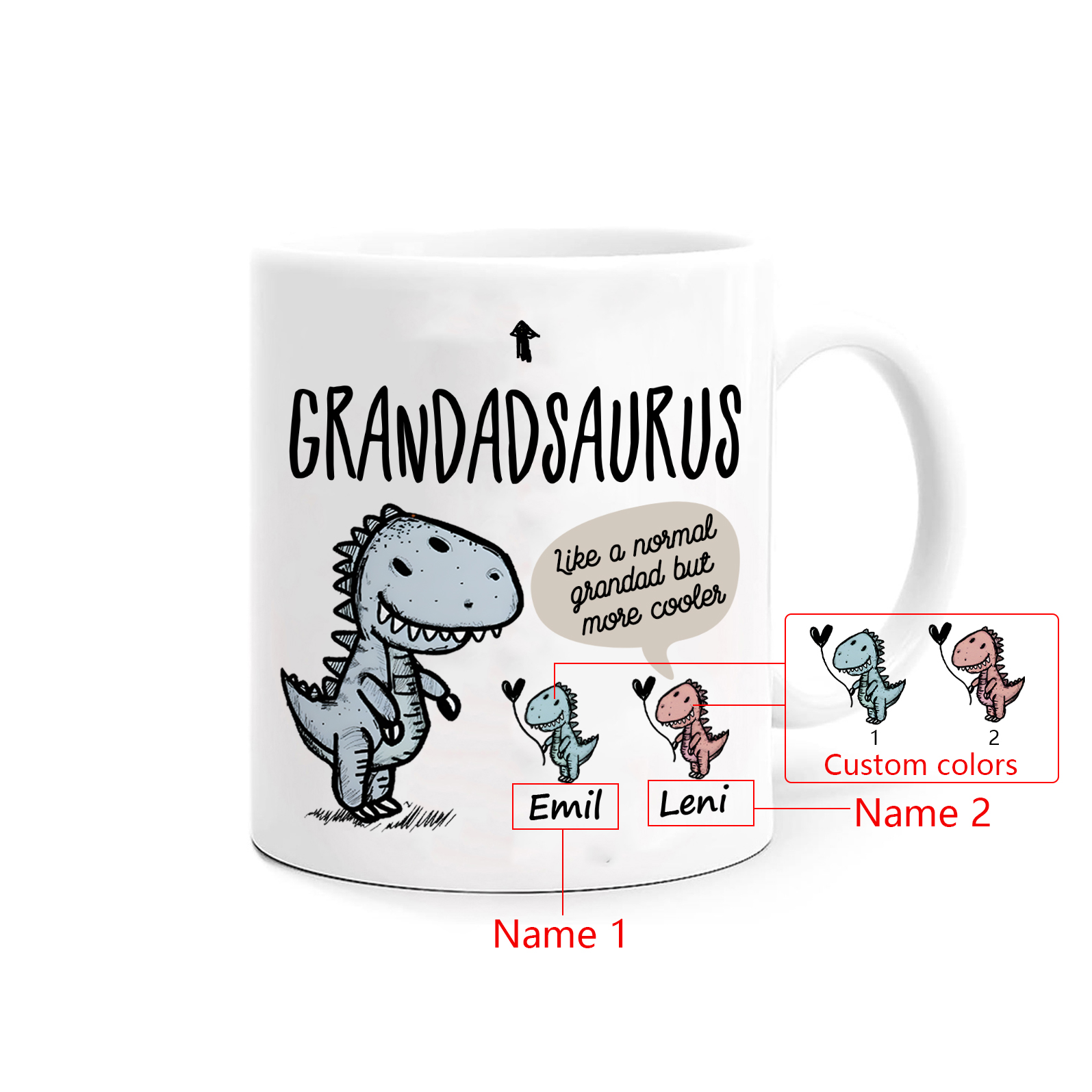 Personalised "Grandadsaurus" and "Nansaurus" Custom 2 Names Mug Set - Gift for Grandparents | Jessmade