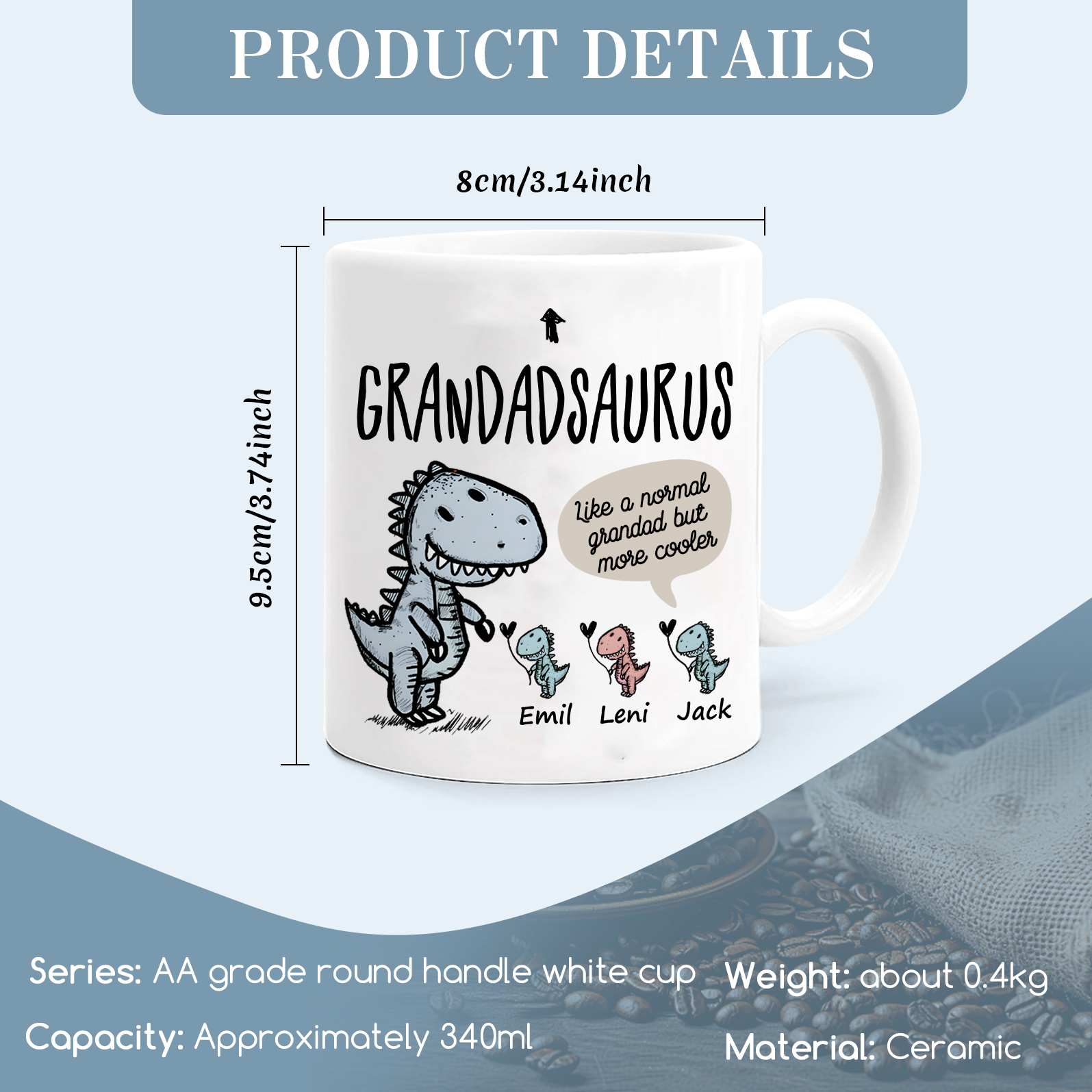 Personalised "Grandadsaurus" and "Nansaurus" Custom 3 Names Mug Set - Gift for Grandparents | Jessmade