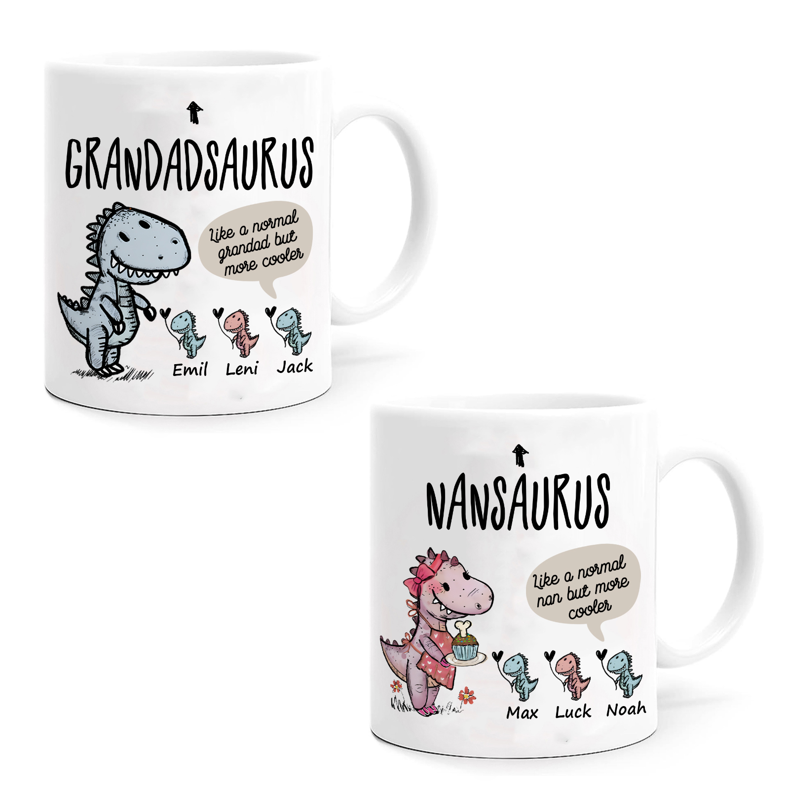 Personalised "Grandadsaurus" and "Nansaurus" Custom 3 Names Mug Set - Gift for Grandparents | Jessmade