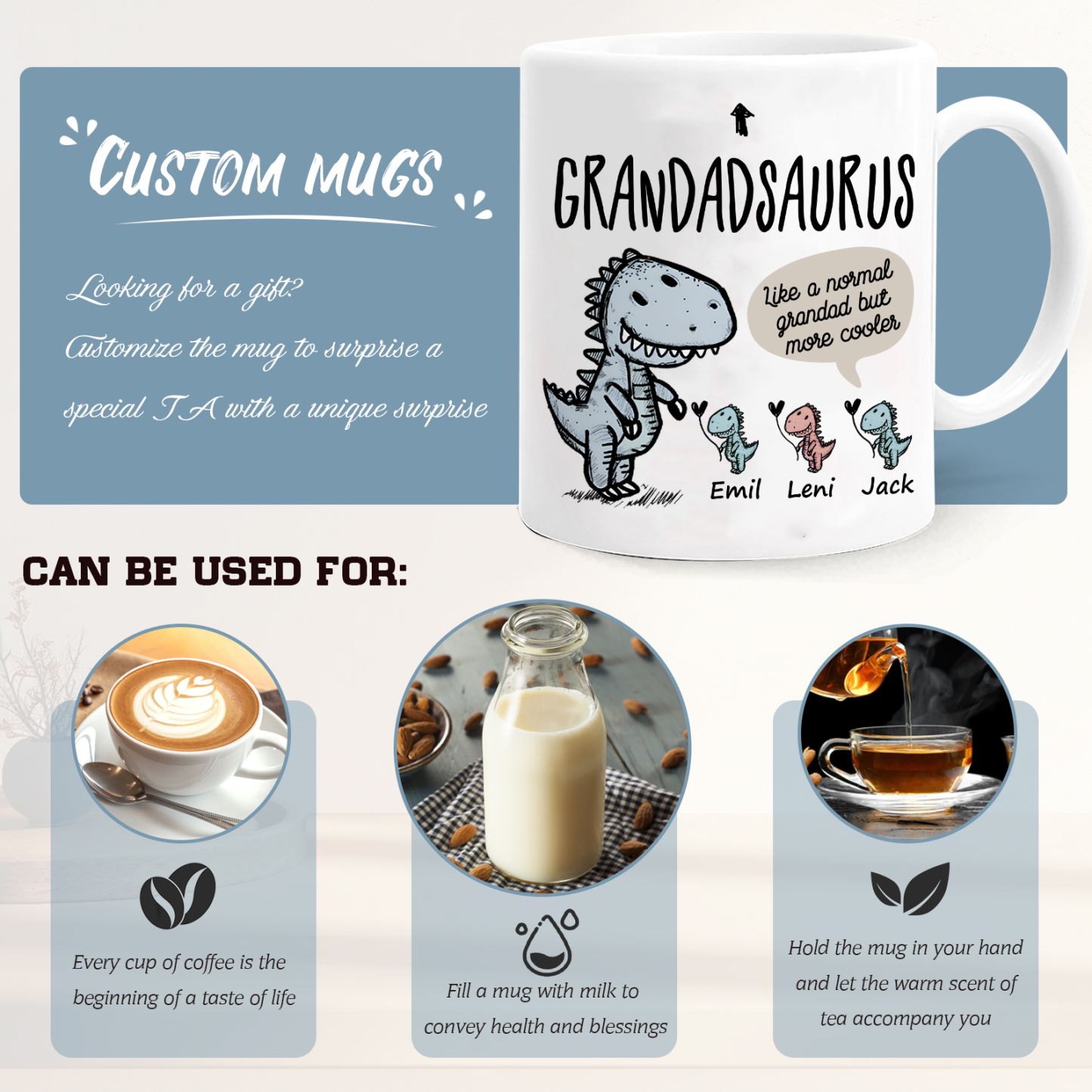 Personalised "Grandadsaurus" and "Nansaurus" Custom 3 Names Mug Set - Gift for Grandparents | Jessmade
