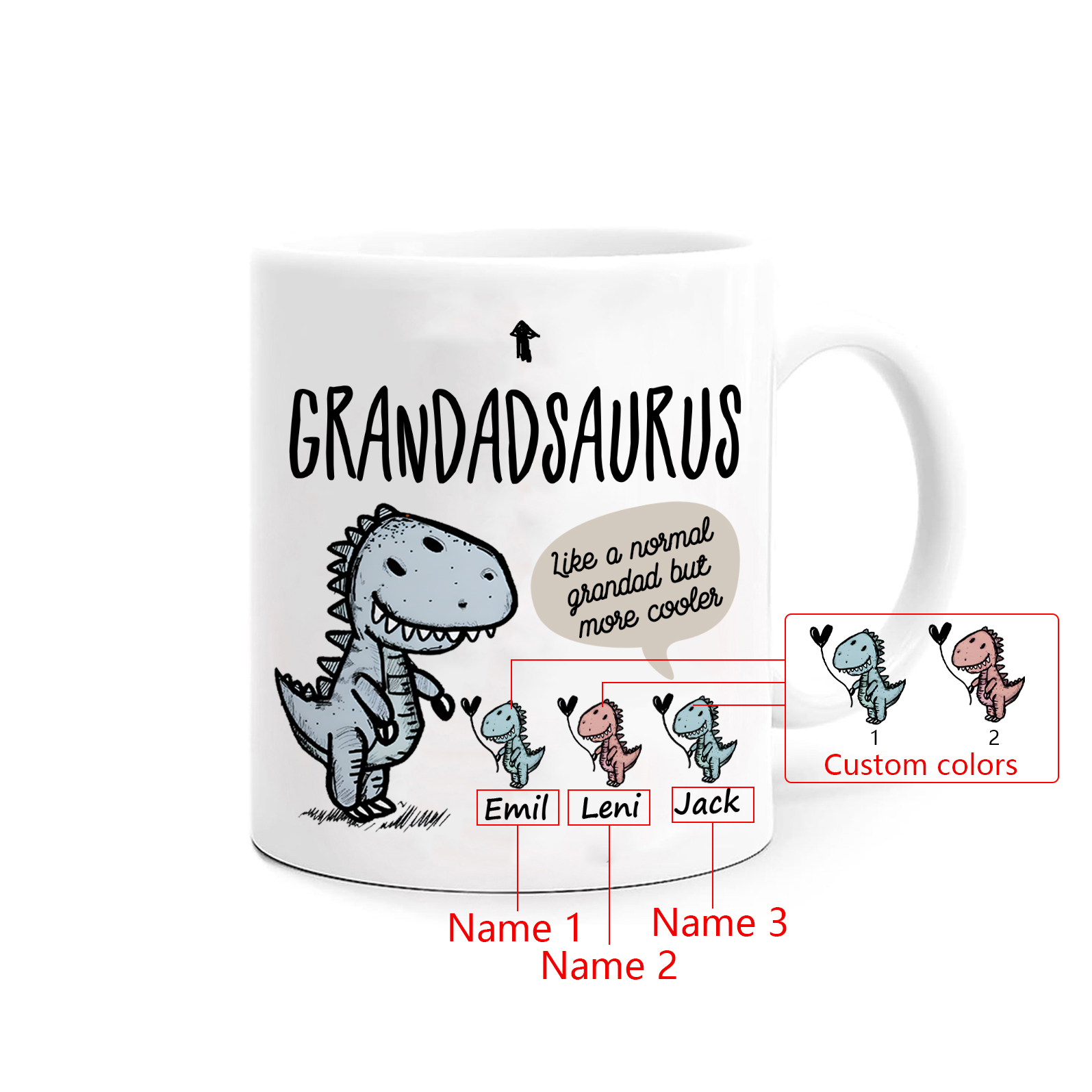 Personalised "Grandadsaurus" and "Nansaurus" Custom 3 Names Mug Set - Gift for Grandparents | Jessmade