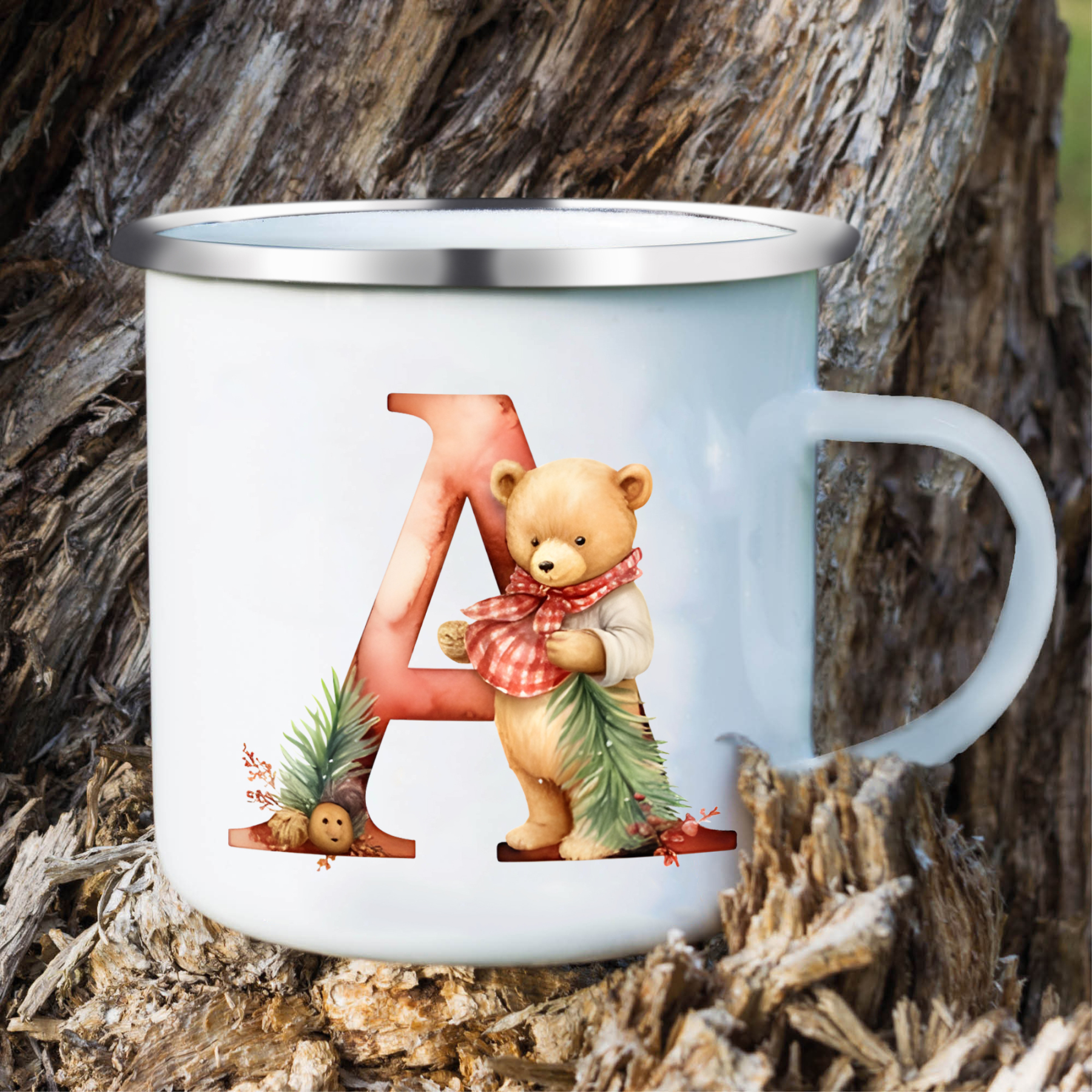 Personalised Initial Teddy Bear Ceramic Mug - Custom Letter Enamel Cup Gift for Her | Jessmade