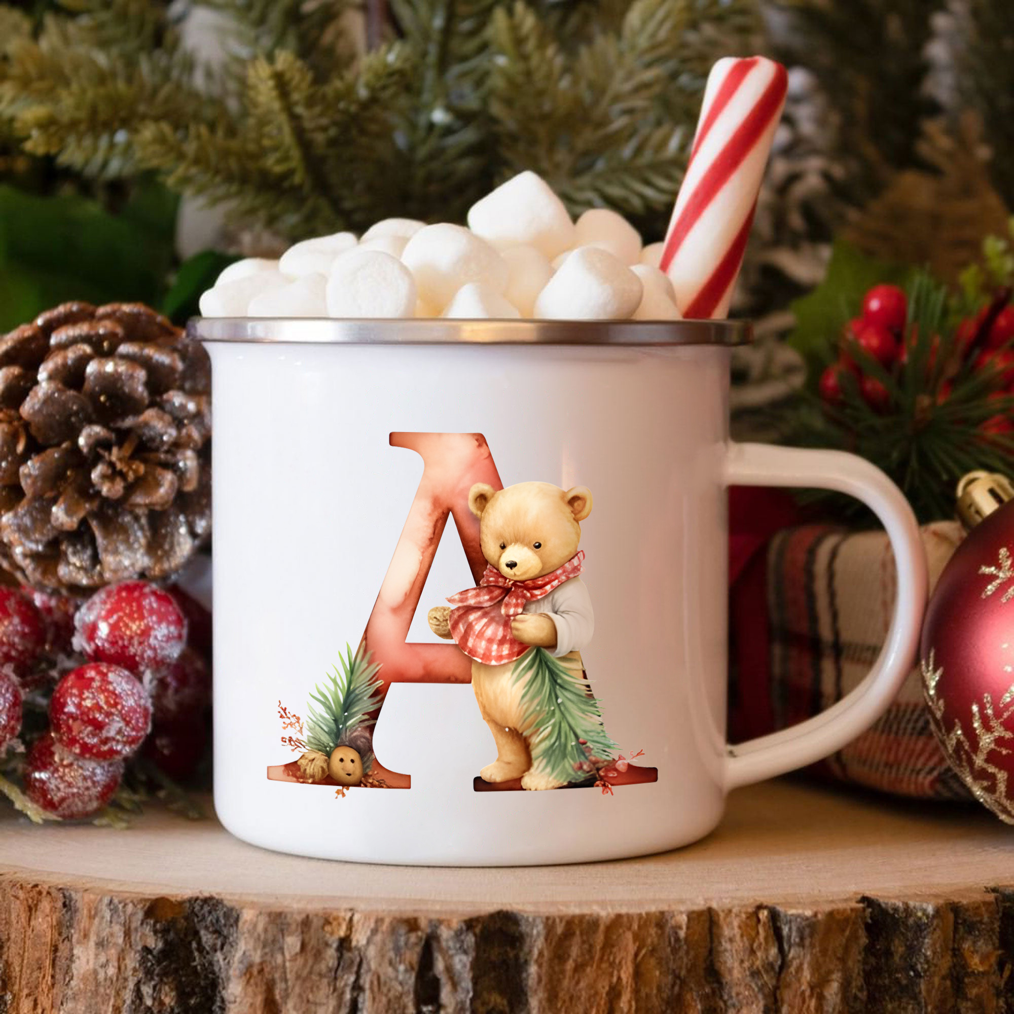 Personalised Initial Teddy Bear Ceramic Mug - Custom Letter Enamel Cup Gift for Her | Jessmade
