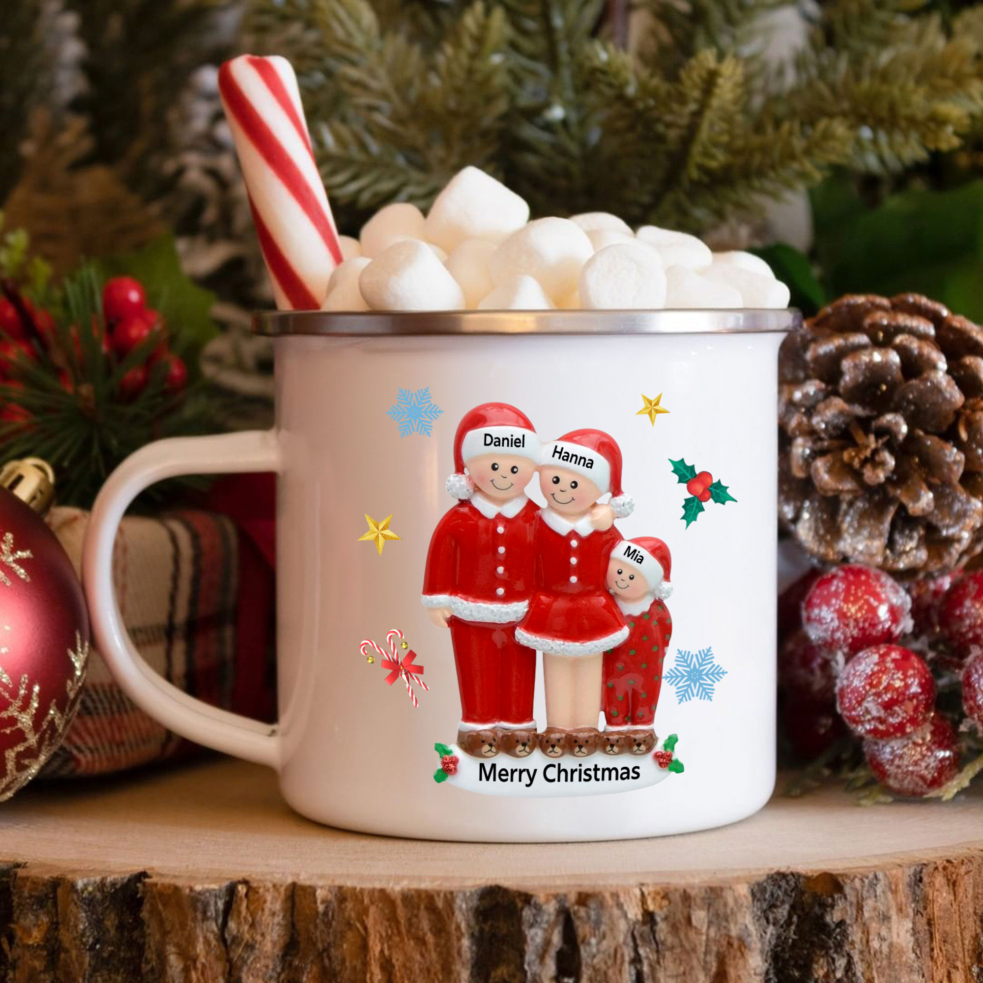 Personalised Enamel Cup with Custom 3-6 Names & 1 Text Christmas Gift for Family | Jessemade