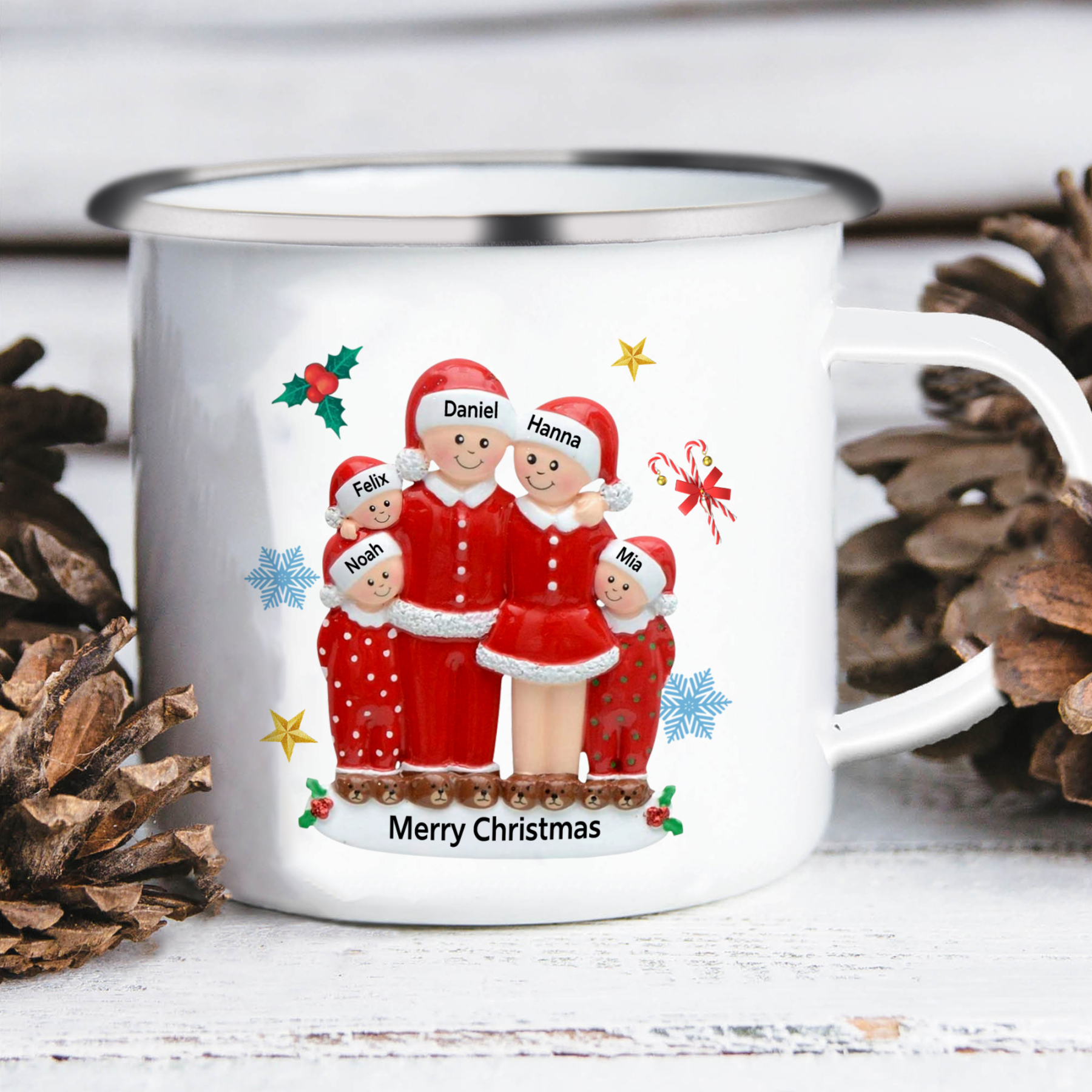 Personalised Enamel Cup with Custom 3-6 Names & 1 Text Christmas Gift for Family | Jessemade