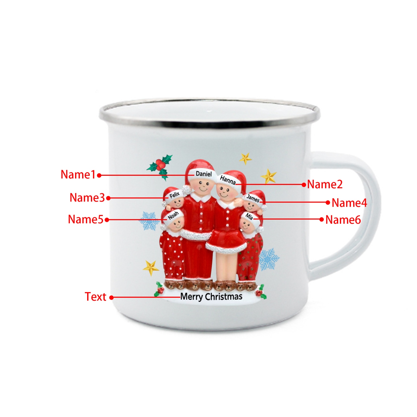 Personalised Enamel Cup with Custom 3-6 Names & 1 Text Christmas Gift for Family | Jessemade