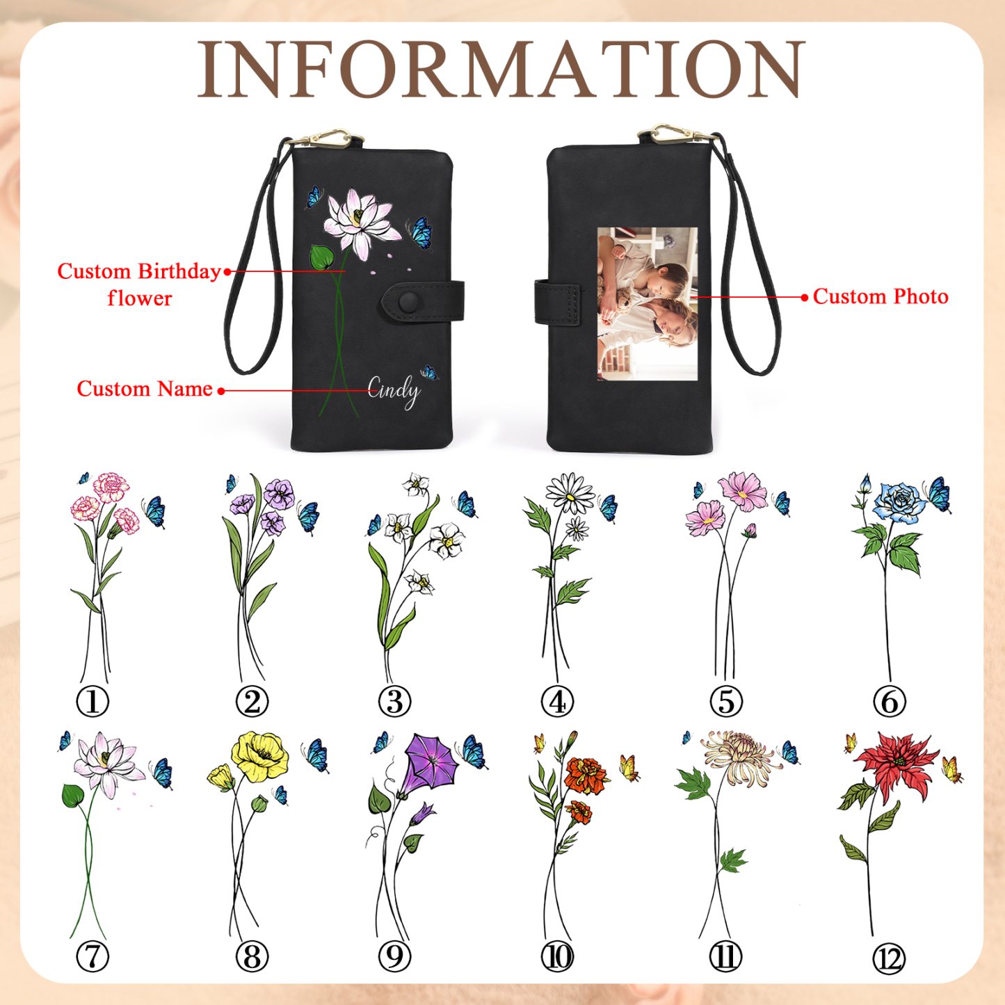 Personalised Women’s Wallet with Custom Name, Photo, and Birth Flower – Multiple Colour Options – Valentine’s Day Gift for Her | Jessemade