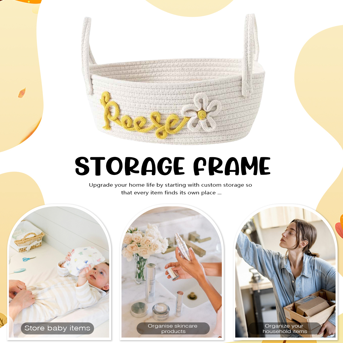 Personalised Baby Name Shower Gift Basket Toy Storage and Baptism Keepsake with Custom Name Rope Cotton Basket for Newborns | Jessemade