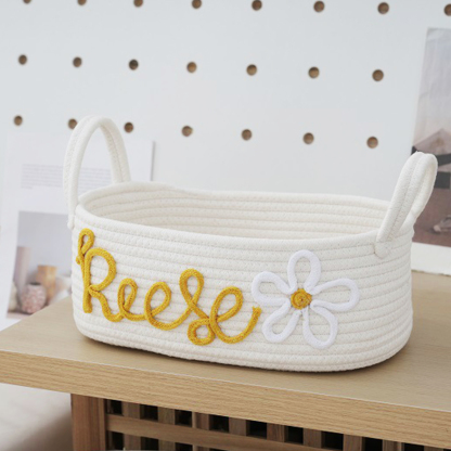 Personalised Baby Name Shower Gift Basket Toy Storage and Baptism Keepsake with Custom Name Rope Cotton Basket for Newborns | Jessemade