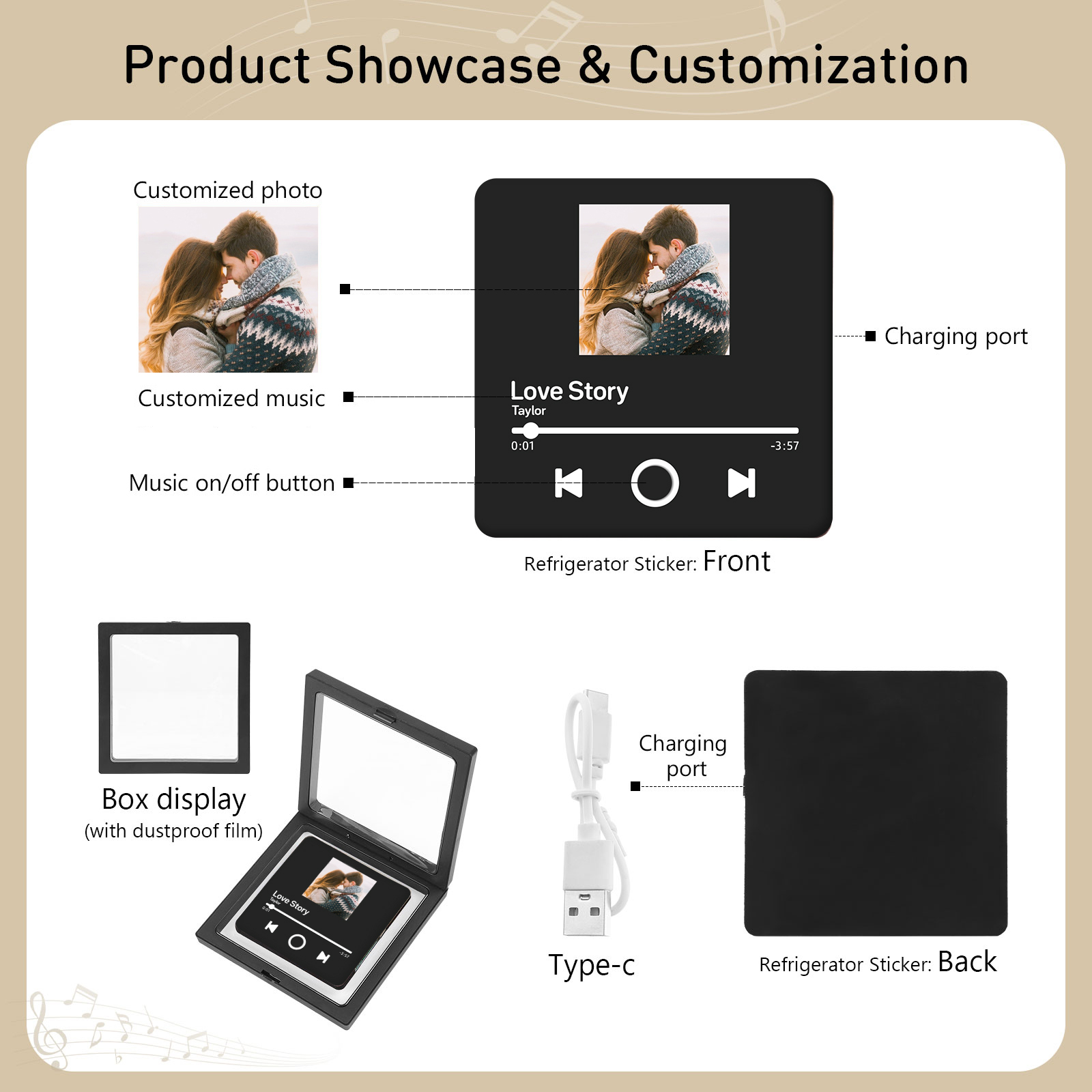 Personalized Music Fridge Magnet Photo Keychain Gift Set for Couples – Customized Photo, Music & Text, Perfect for Valentine’s Day & Romantic Gifts | Jessemade