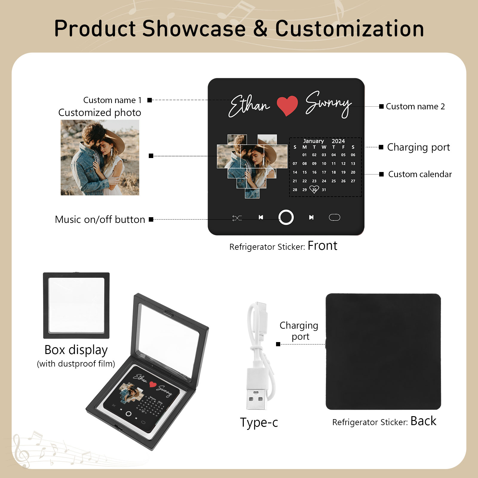 Personalised Photo Fridge Magnet with Custom 2 Names & 1 Date– Elegant Gift for Couples in Black or Color | Jessemade