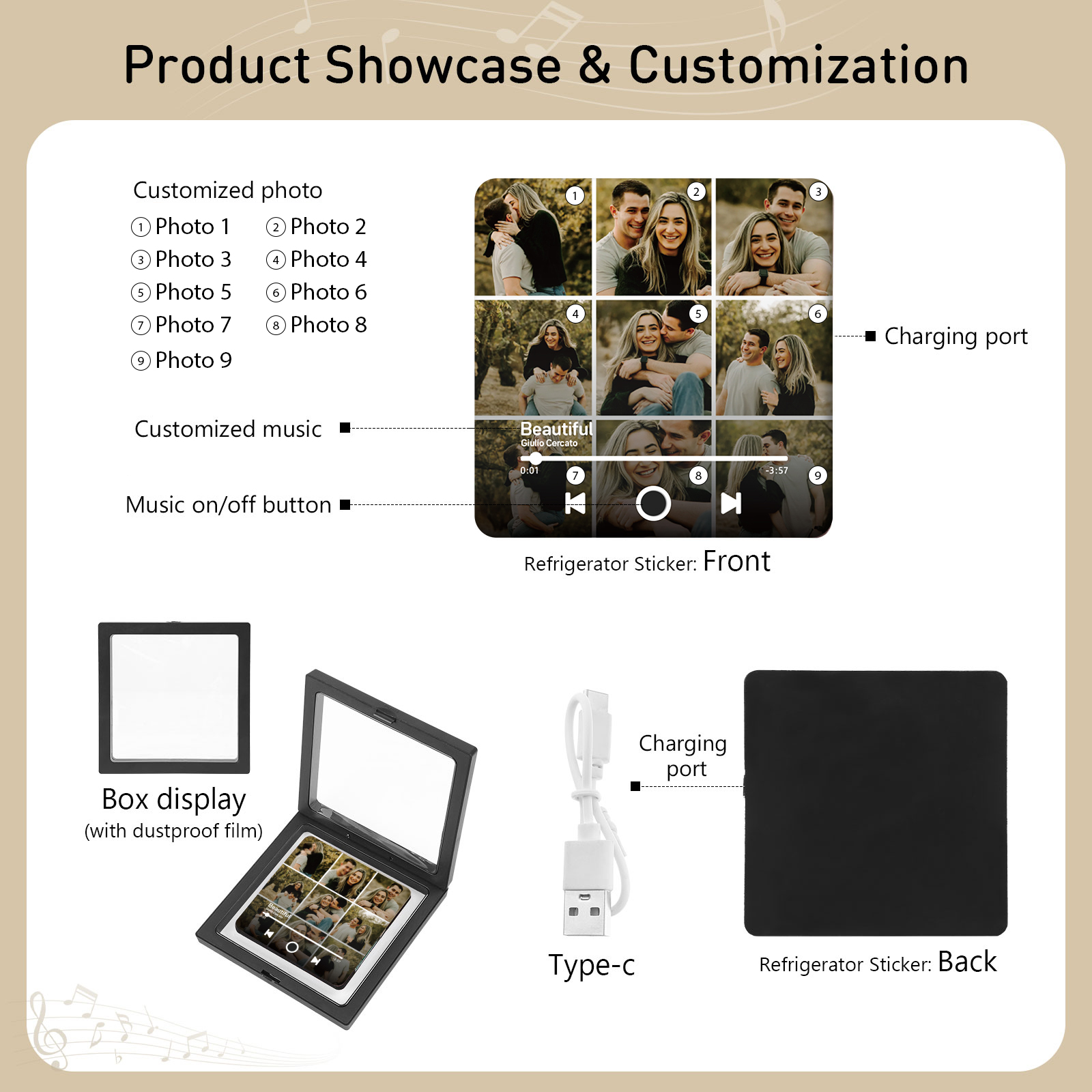 Personalised Photo Music Fridge Magnet with Custom 9 Photo and 1 Song Name- Cherish Memories Gift for Couple | Jessemade