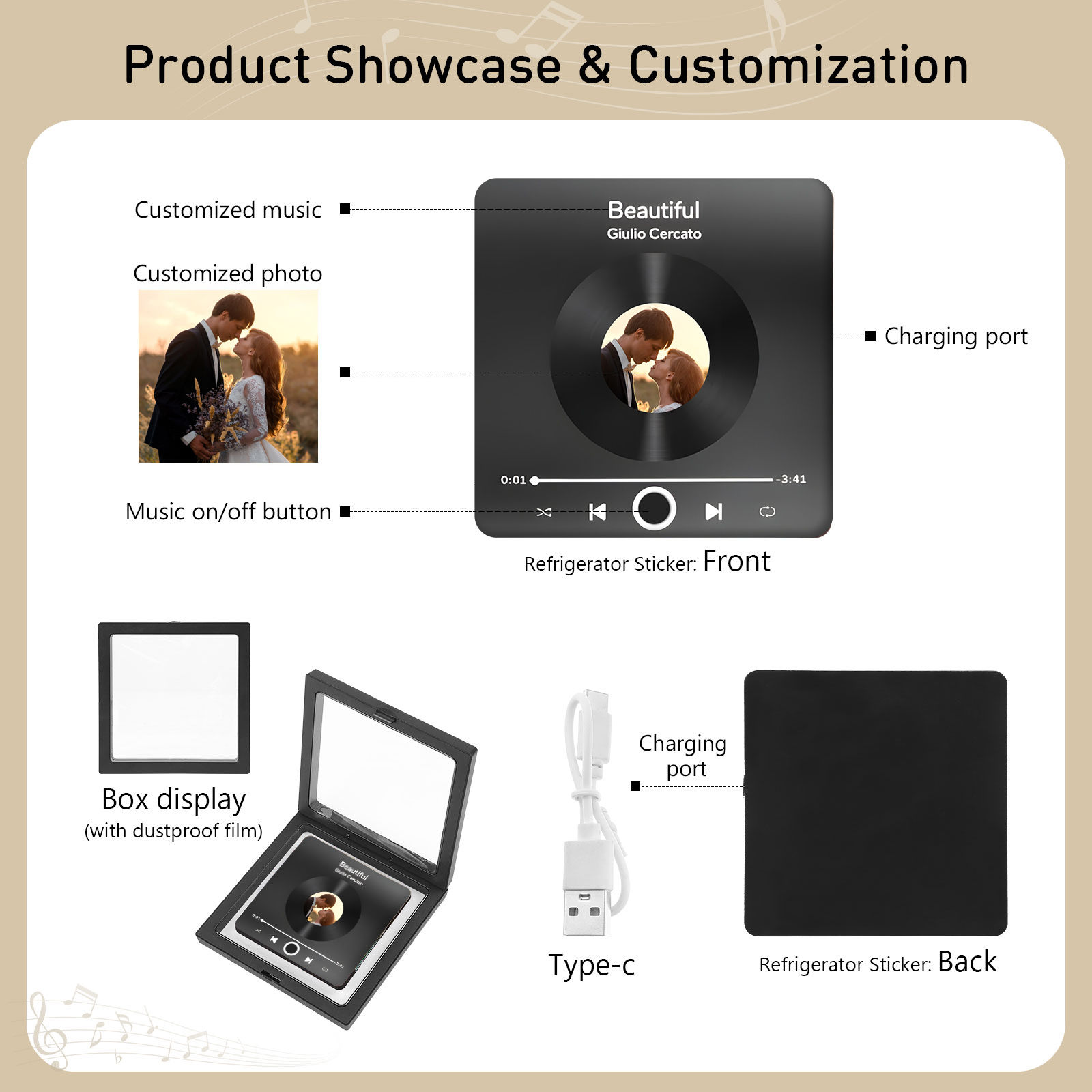 Personalised Photo Fridge Magnet with Favorite Song – Elegant Gift for Couples in Black or Color | Jessemade