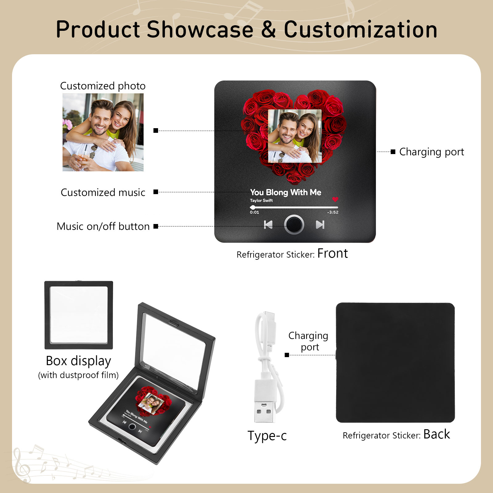 Personalised Photo Fridge Magnet with Favorite Song – Elegant Gift for Couples in Black/Color/Matt Black/Red | Jessemade