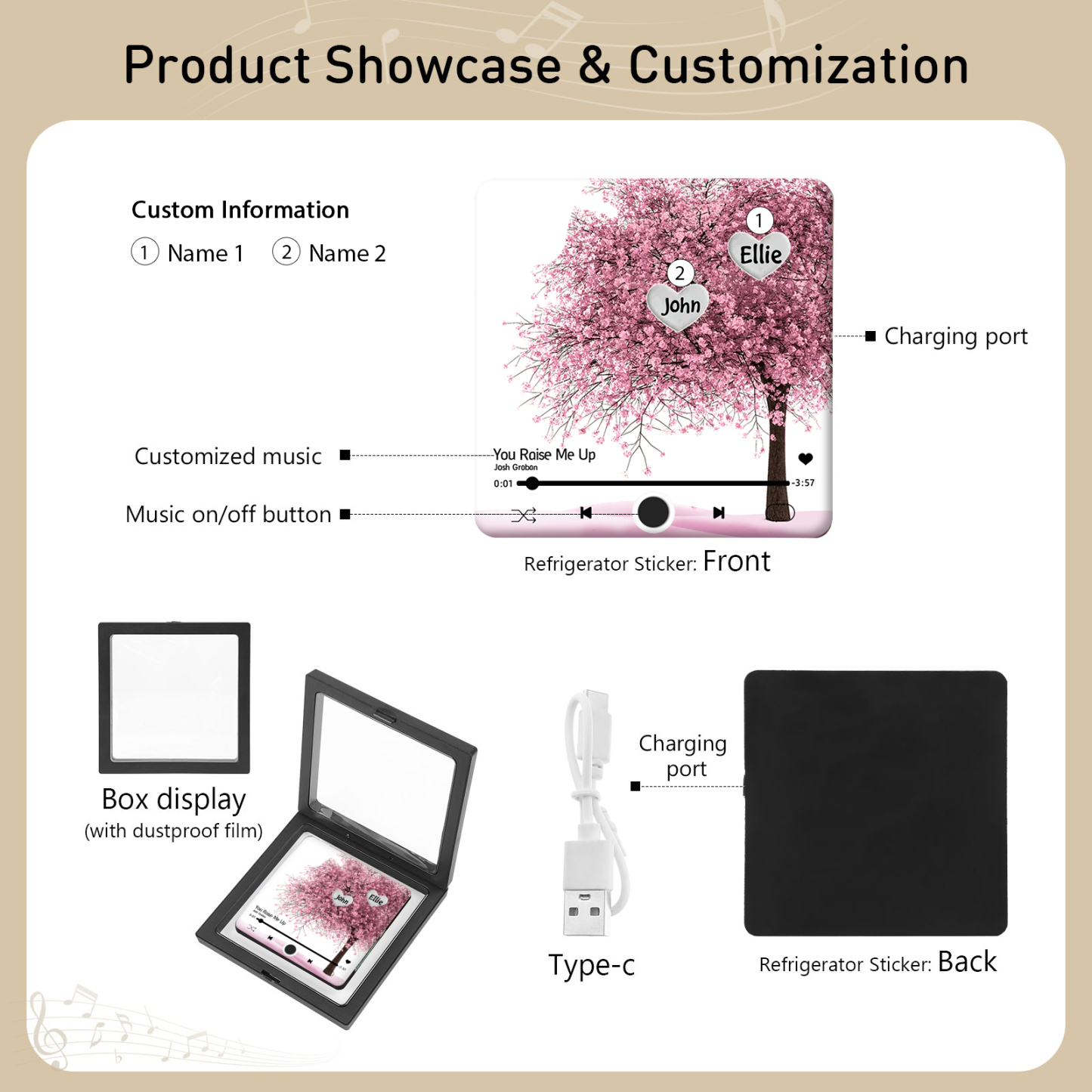 Personalised Acrylic Refrigerator Magnet with Custom 2 Names and Song Gift for Parents | Jessemade