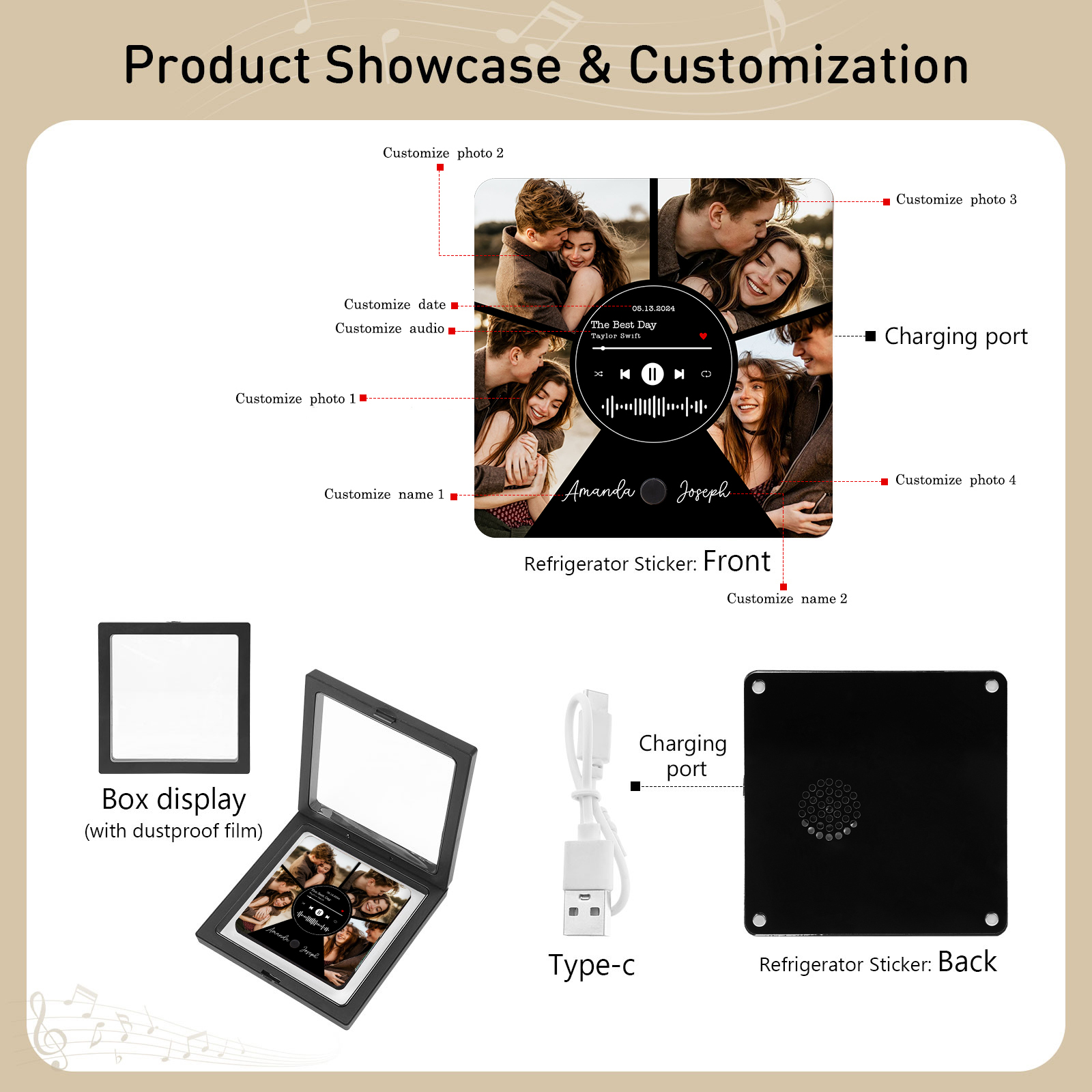 Personalised Music Refrigerator Sticker with 4 Photos, 2 Names, 1 Date, and Favorite Song – Valentine's Day Gift for Him/Her | Jessemade