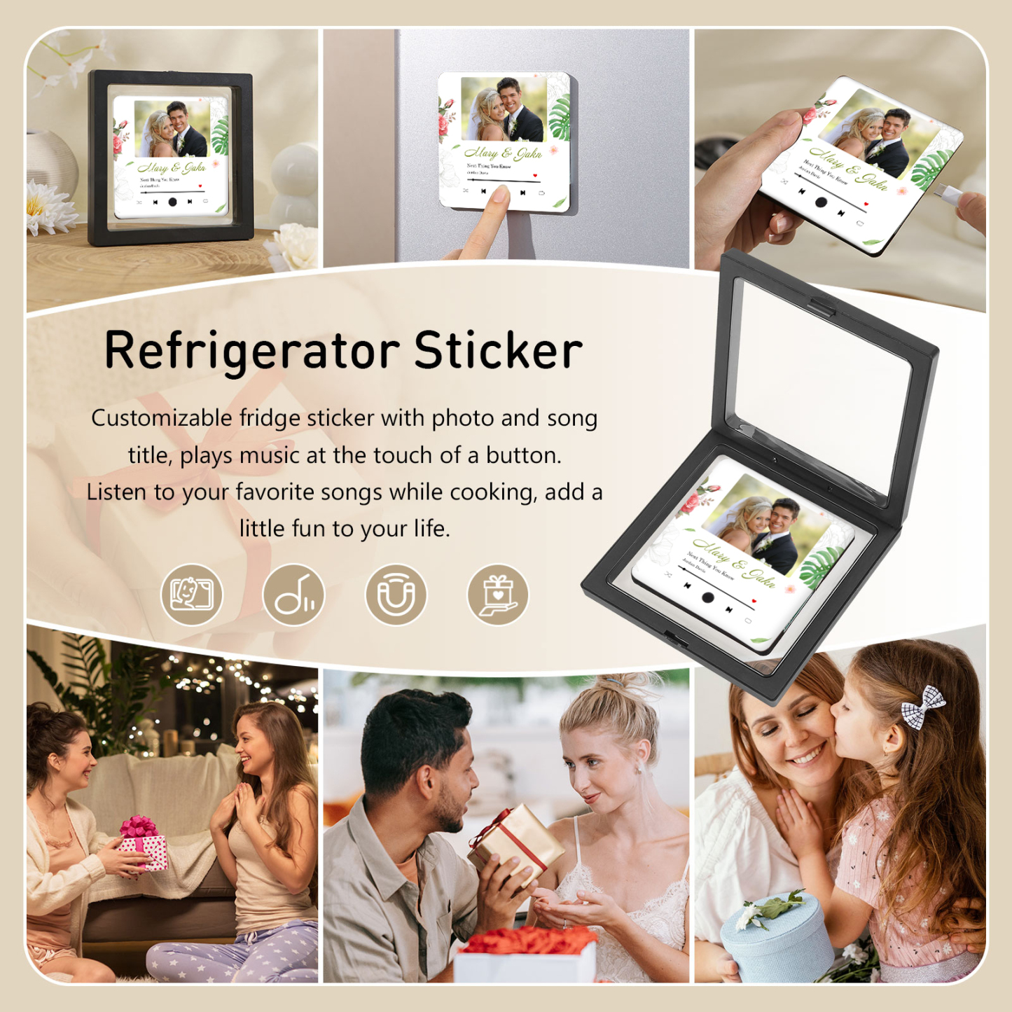 Personalised Music Fridge Sticker with 2 Names, 1 Photo & 1 Song – Romantic Valentine’s Day Gift for Him/Her | Jessemade