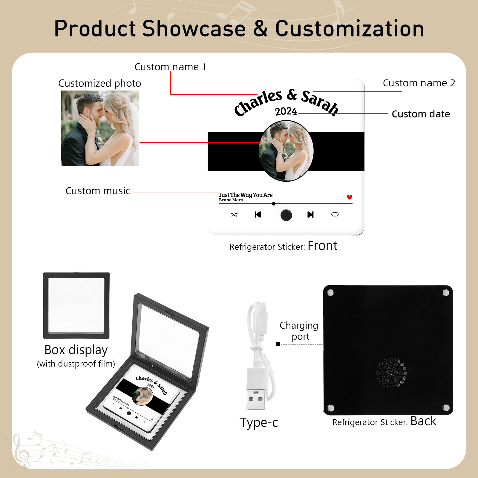 Personalised Music Fridge Sticker with 2 Names, 1 Photo & 1 Song – Romantic Valentine’s Day Gift for Him/Her | Jessemade