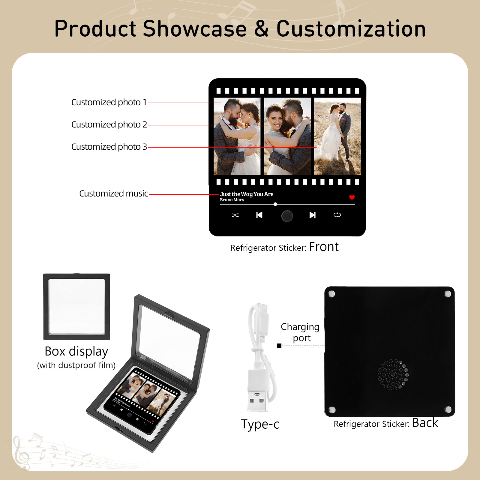 Personalised Music Refrigerator Sticker – Custom 3 Photos & 1 Song | Valentine’s Day Gift for Him/Her | Jessemade