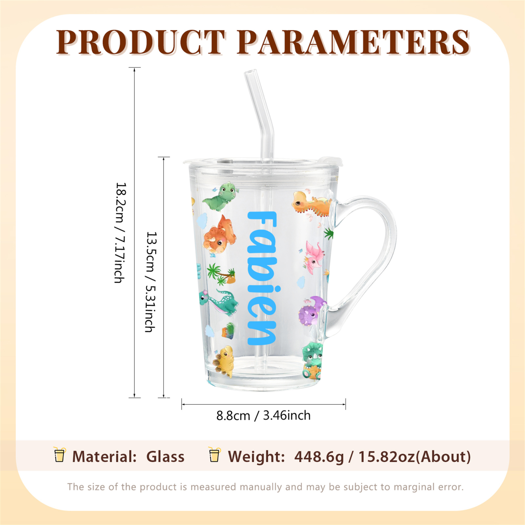 Personalised Name Glass Mug 450ml with Lid & Straw – Multi-Colour & Pattern | Back to School Gift – Jessemade