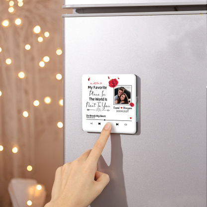 Personalised Music Fridge Magnet with 2 Names, 1 Photo, 1 Year & 1 Favorite Song – "My Favorite Place in the World Is Next to You" – Valentine’s Day Gift for Him/Her | Jessemade