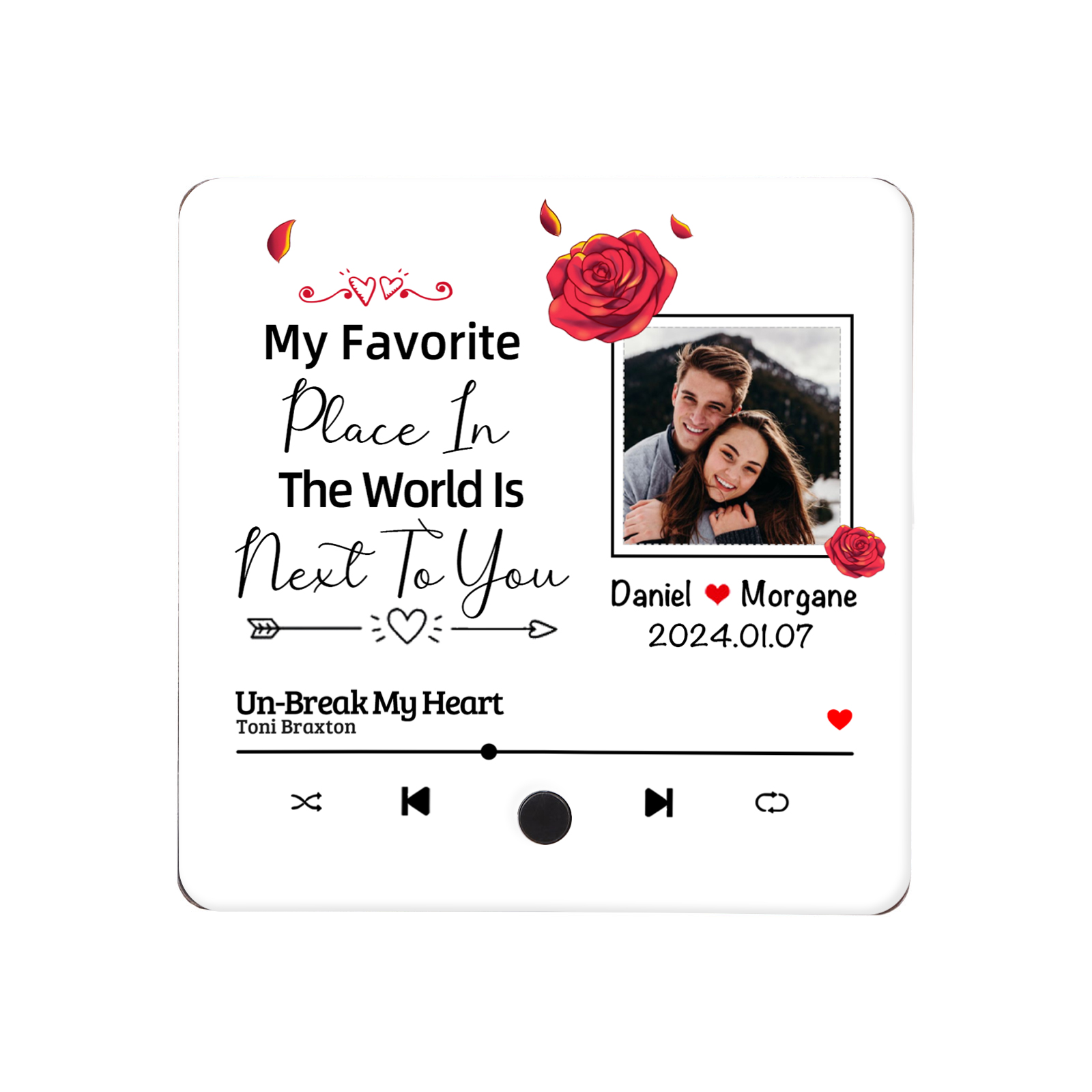 Personalised Music Fridge Magnet with 2 Names, 1 Photo, 1 Year & 1 Favorite Song – "My Favorite Place in the World Is Next to You" – Valentine’s Day Gift for Him/Her | Jessemade