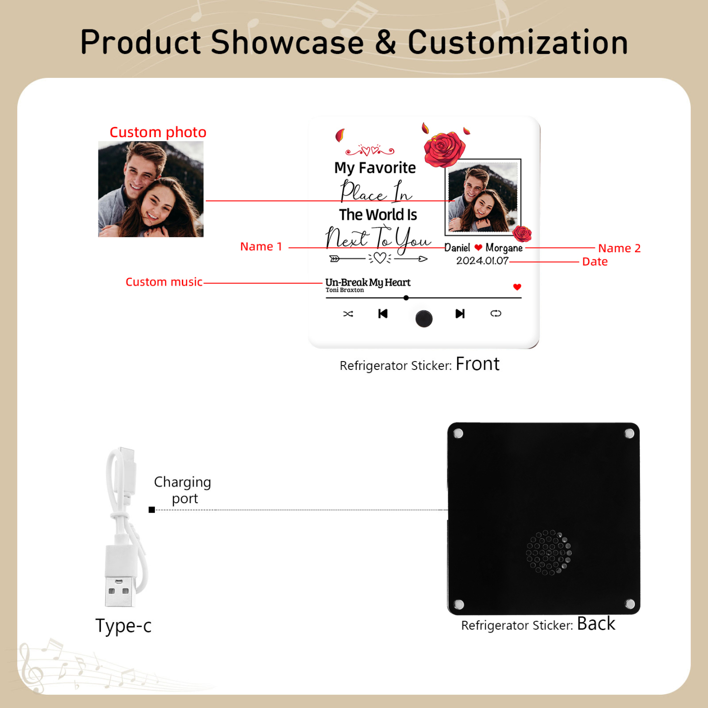 Personalised Music Fridge Magnet with 2 Names, 1 Photo, 1 Year & 1 Favorite Song – "My Favorite Place in the World Is Next to You" – Valentine’s Day Gift for Him/Her | Jessemade