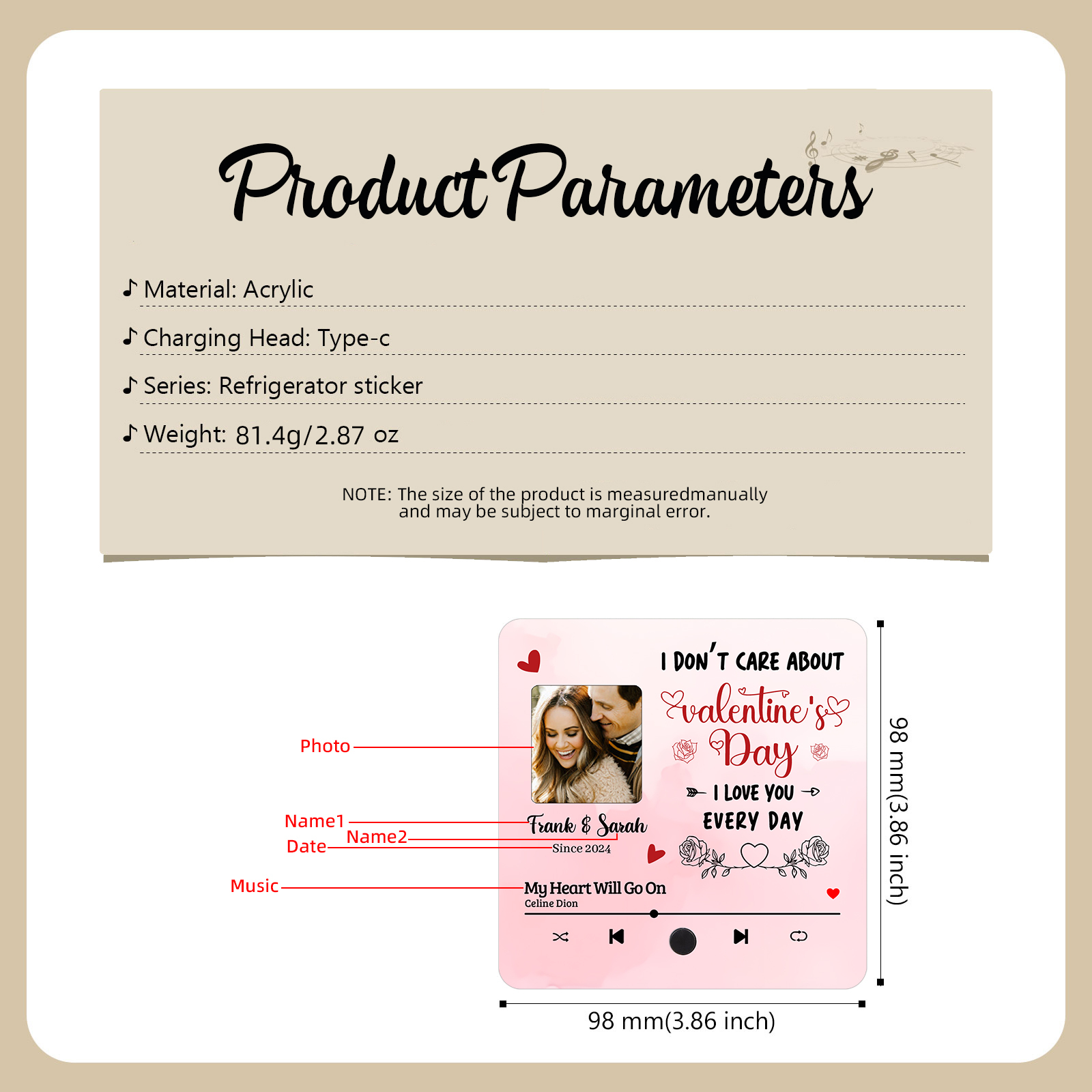 Personalised Music Refrigerator Magnet - Customized with 2 Names, 1 Photo, 1 Date & 1 Song, Pink Heart & Rose Design, “I Love You Every Day”, Valentine’s Day Gift for Couple | Jessemade