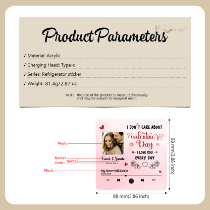 Personalised Music Refrigerator Magnet - Customized with 2 Names, 1 Photo, 1 Date & 1 Song, Pink Heart & Rose Design, “I Love You Every Day”, Valentine’s Day Gift for Couple | Jessemade