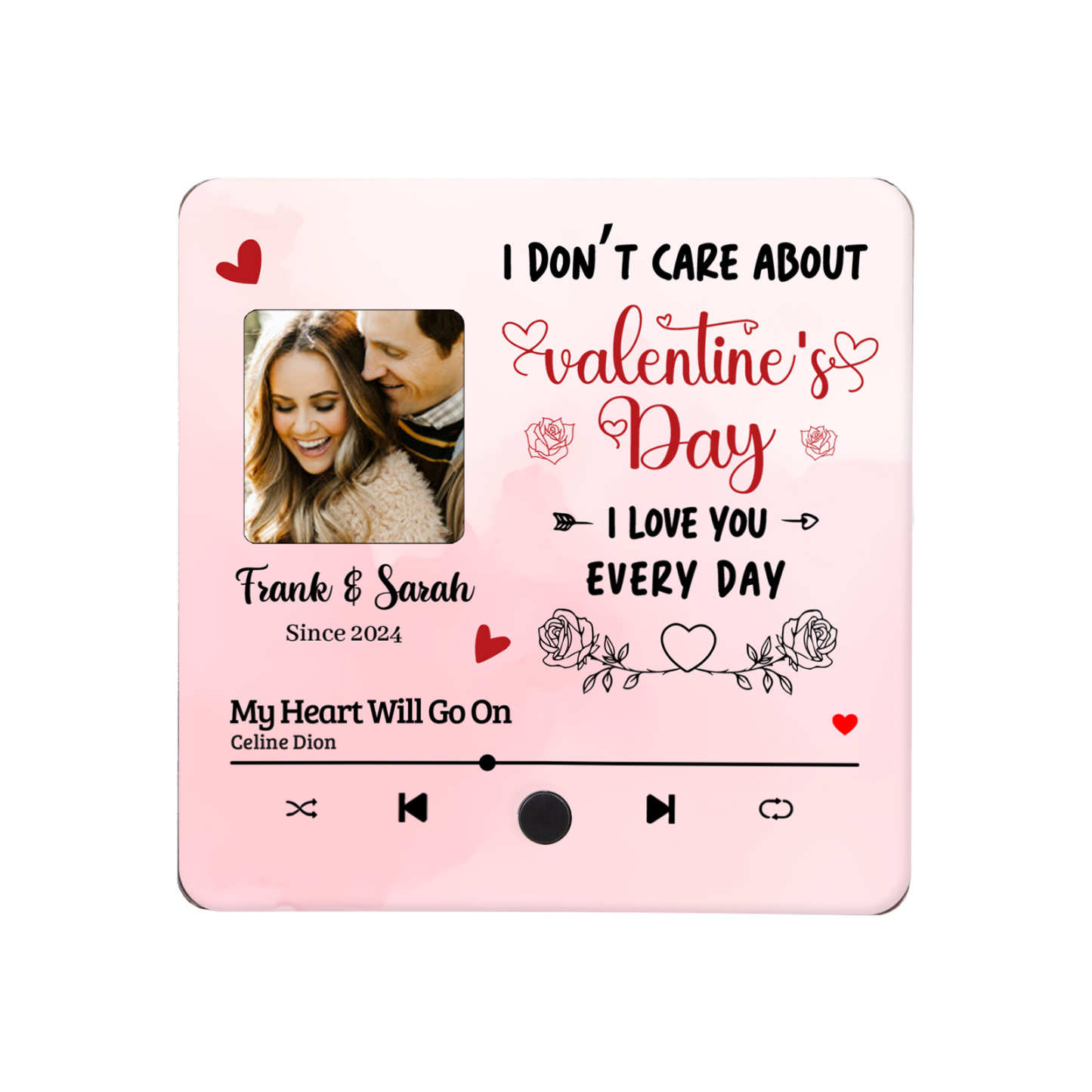 Personalised Music Refrigerator Magnet - Customized with 2 Names, 1 Photo, 1 Date & 1 Song, Pink Heart & Rose Design, “I Love You Every Day”, Valentine’s Day Gift for Couple | Jessemade