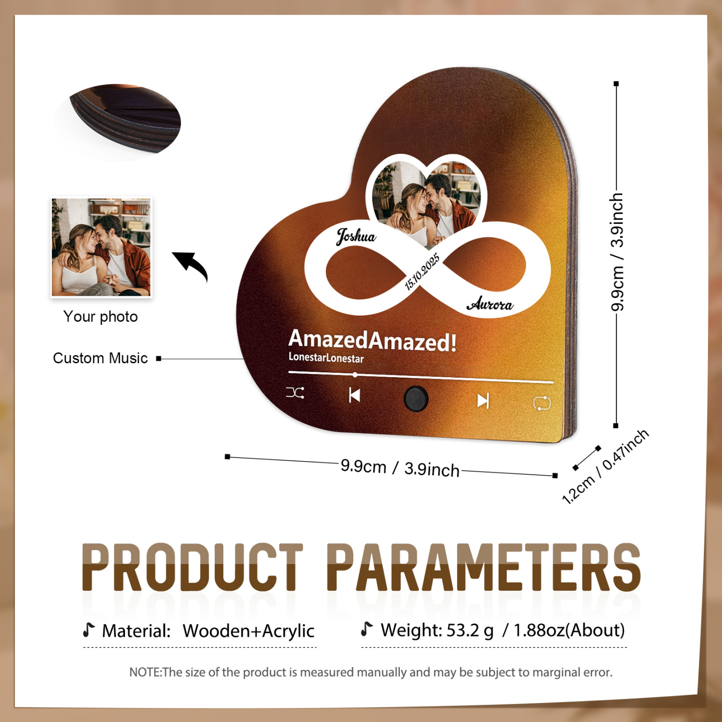 Personalised Heart-Shaped Refrigerator Magnet - Customised with 2 Names, 1 Photo, 1 Date & 1 Song, Valentine’s Day Gift for Couple | Jessemade