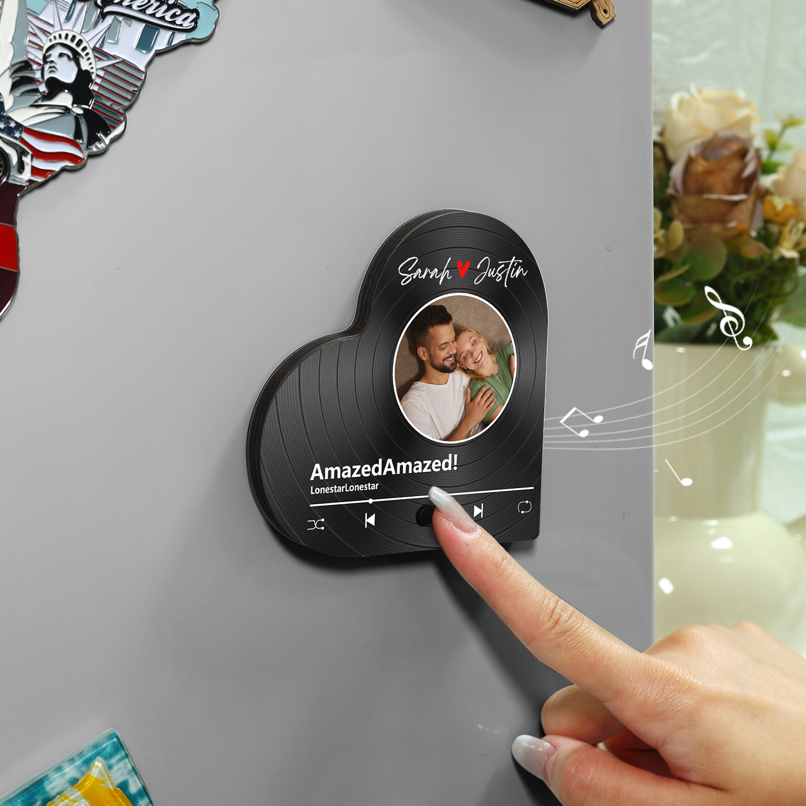 Personalised Heart-Shaped Refrigerator Magnet - Customised with 2 Names, 1 Photo & 1 Song, Vinyl Record Design, Valentine’s Day Gift for Couple | Jessemade
