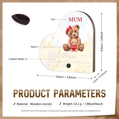 Personalised Bear Music Fridge Magnet Engved 1 Name & 1Text– Custom Heart-Shaped Wooden Acrylic Gift | Jessemade