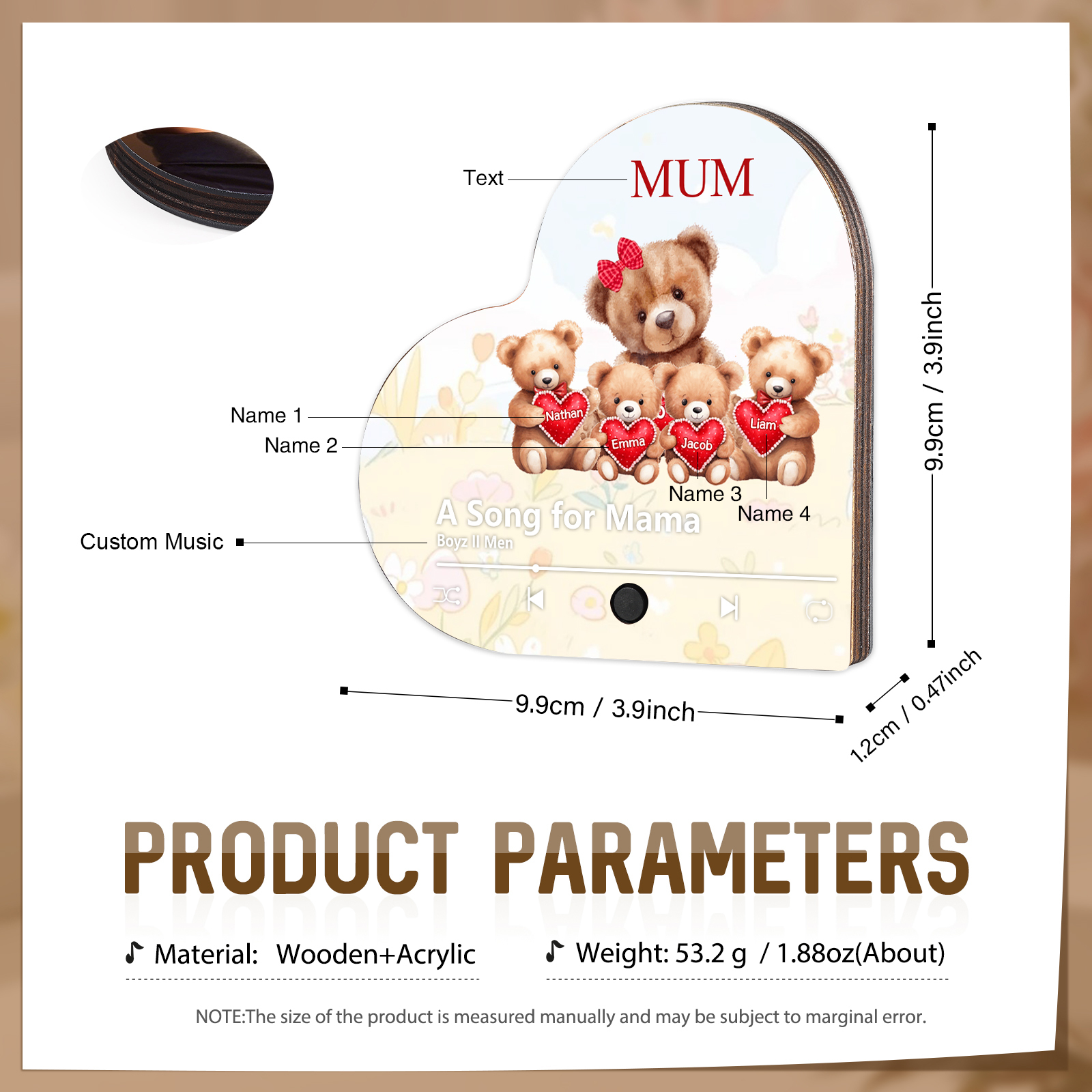 Personalised Bear Music Fridge Magnet Engved 4 Names & 1Text– Custom Heart-Shaped Wooden Acrylic Gift | Jessemade
