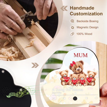 Personalised Bear Music Fridge Magnet Engved 4 Names & 1Text– Custom Heart-Shaped Wooden Acrylic Gift | Jessemade