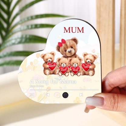 Personalised Bear Music Fridge Magnet Engved 4 Names & 1Text– Custom Heart-Shaped Wooden Acrylic Gift | Jessemade