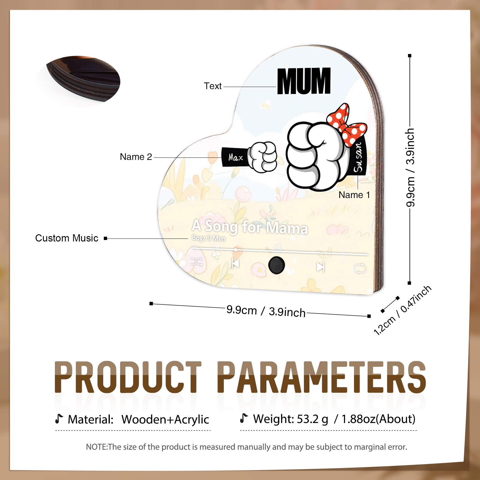 Personalised Fist Music Fridge Magnet Engraved 2 Names & 1Text– Custom Heart-Shaped Wooden Acrylic Gift | Jessemade